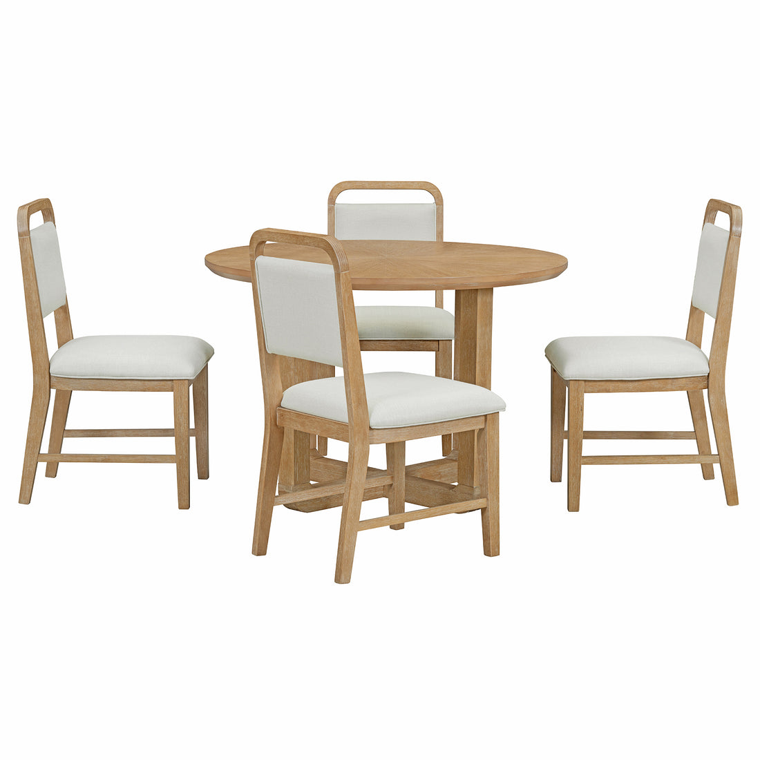 5 Piece Retro Dining Set, Round Table Top With Radial Wood Grain Design And 4 Upholstered Chairs For Dining Room And Kitchen Natural Wood Wash Natural Wood Wash Solid Wood Mdf