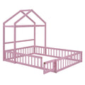 Wooden Floor Bed With Fence Railings And Detachable House Shape Headboard,Full Size Bed With Kids Dress Up Rack, Kids Montessori Style Playhouse Frame For Girls Boys, Pink Full Pink Wood