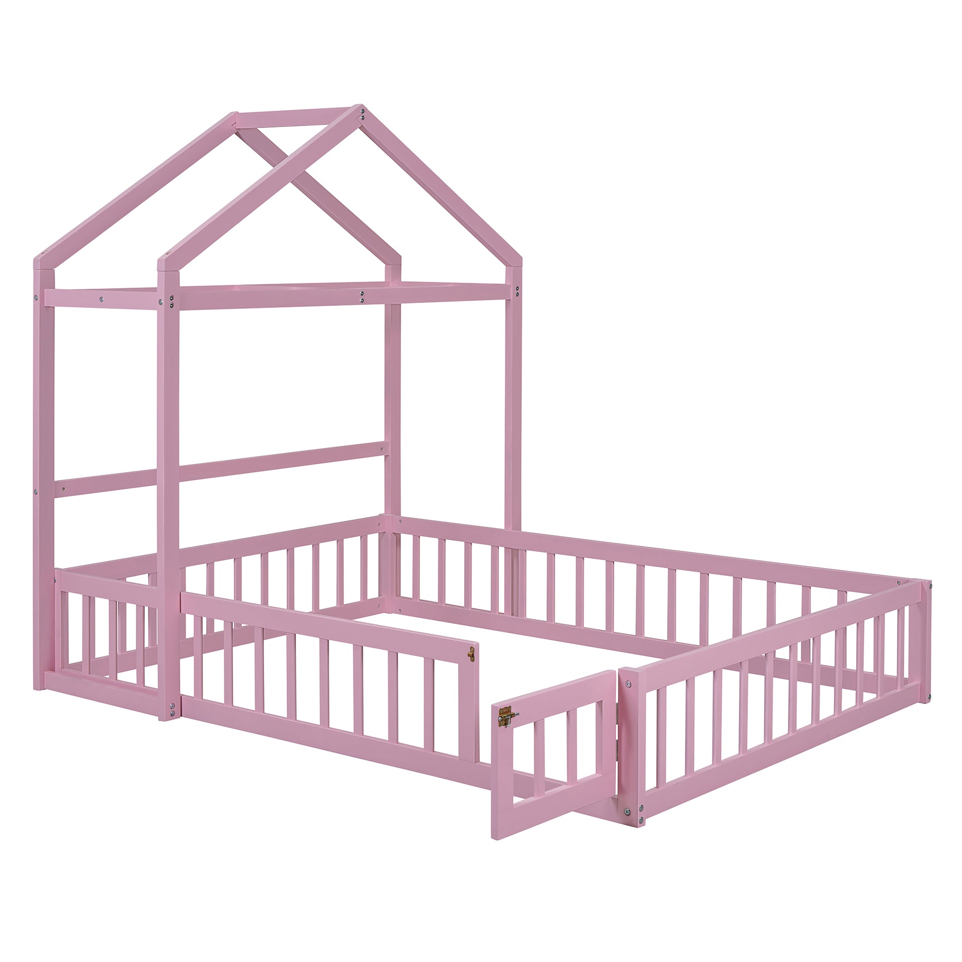 Wooden Floor Bed With Fence Railings And Detachable House Shape Headboard,Full Size Bed With Kids Dress Up Rack, Kids Montessori Style Playhouse Frame For Girls Boys, Pink Full Pink Wood