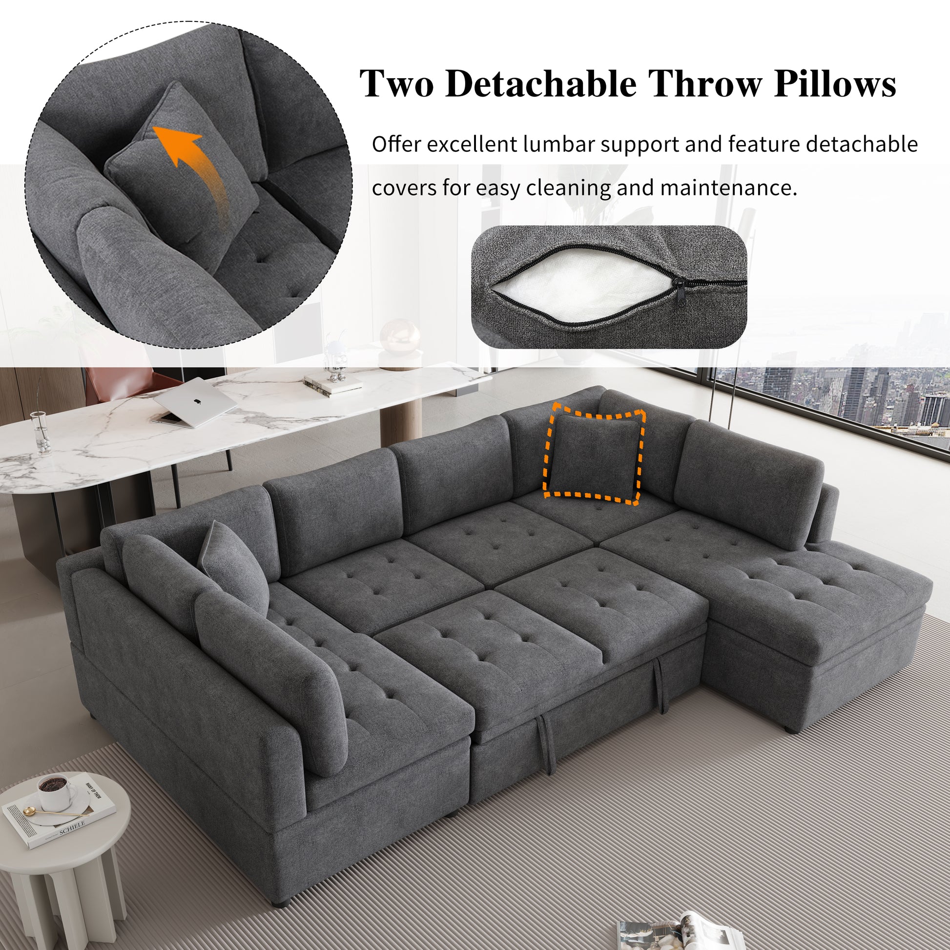 117.3" Oversized Sectional Sofa U Shaped Sofa Couch Pull Out Sofa Bed With Two Throw Pillows For Living Room, Gray Gray Foam Chenille 4 Seat