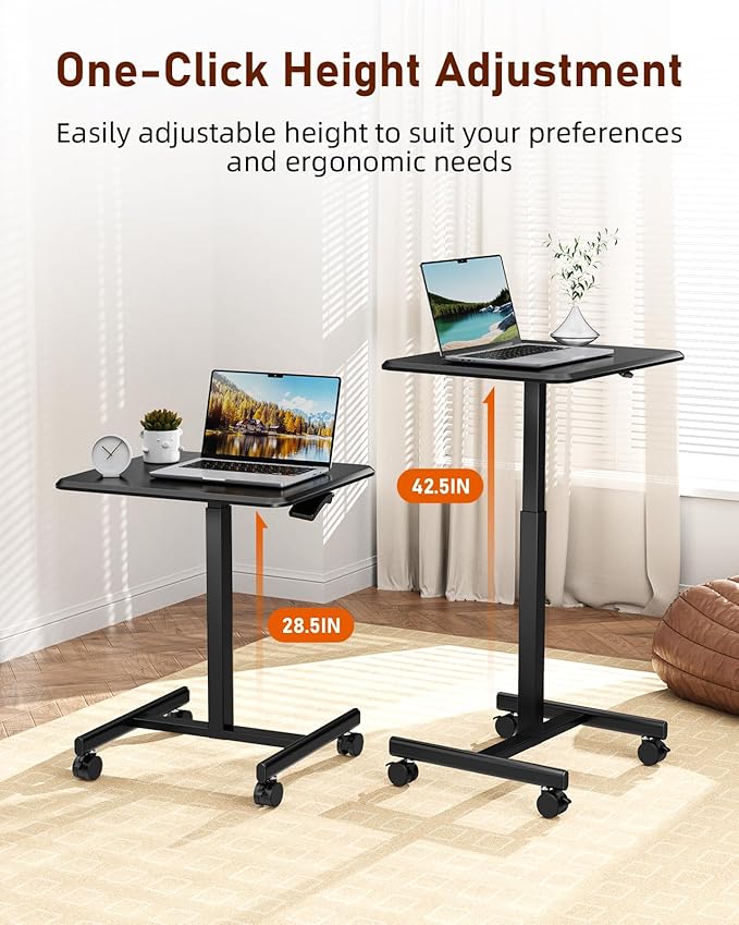 Standing Desk Small Rolling Desk With Lockable Wheels, Mobile Stand Up Desk Adjustable Height, Portable Laptop Desk, Small Computer Standing Table Sit Stand Black Black Metal & Wood