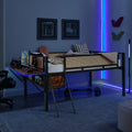 Single Metal Loft Bed With Rectangular Desk, Led Lights, Led Loft Bed Frame Double Bed With Storage Shelves And Hanging Storage Compartments, Safety Guard And Ladder, No Box Springs Required, Rattan G Full Black Brown Mdf Iron