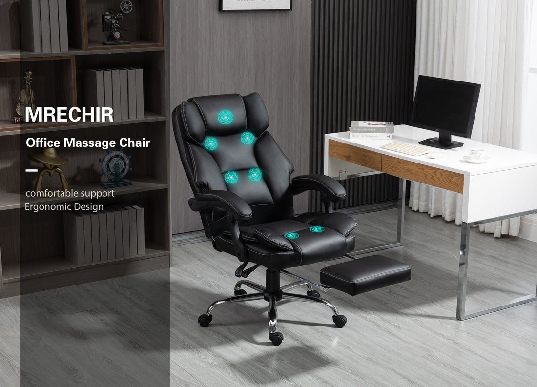 Reclining Office Chair With Massage, Ergonomic Computer Chair With Foot Rest Black Pu Iron