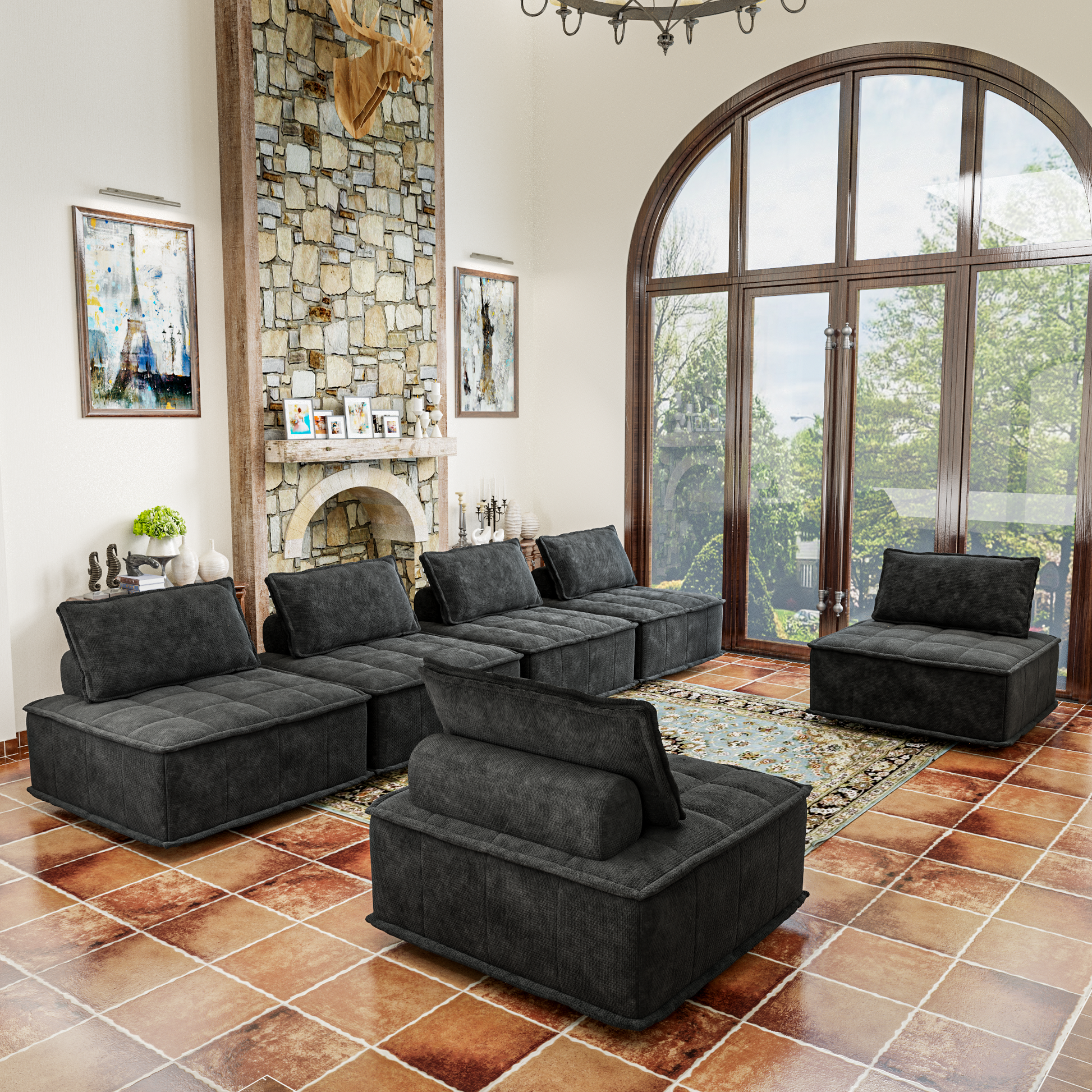 6 Piece Modular Sectional Couch, Oversized Sofa With Flexible Configuration, Ideal For Spacious Living Rooms, Entertainment Zones, And Open Spaces Black Color Black Chenille 6 Seat