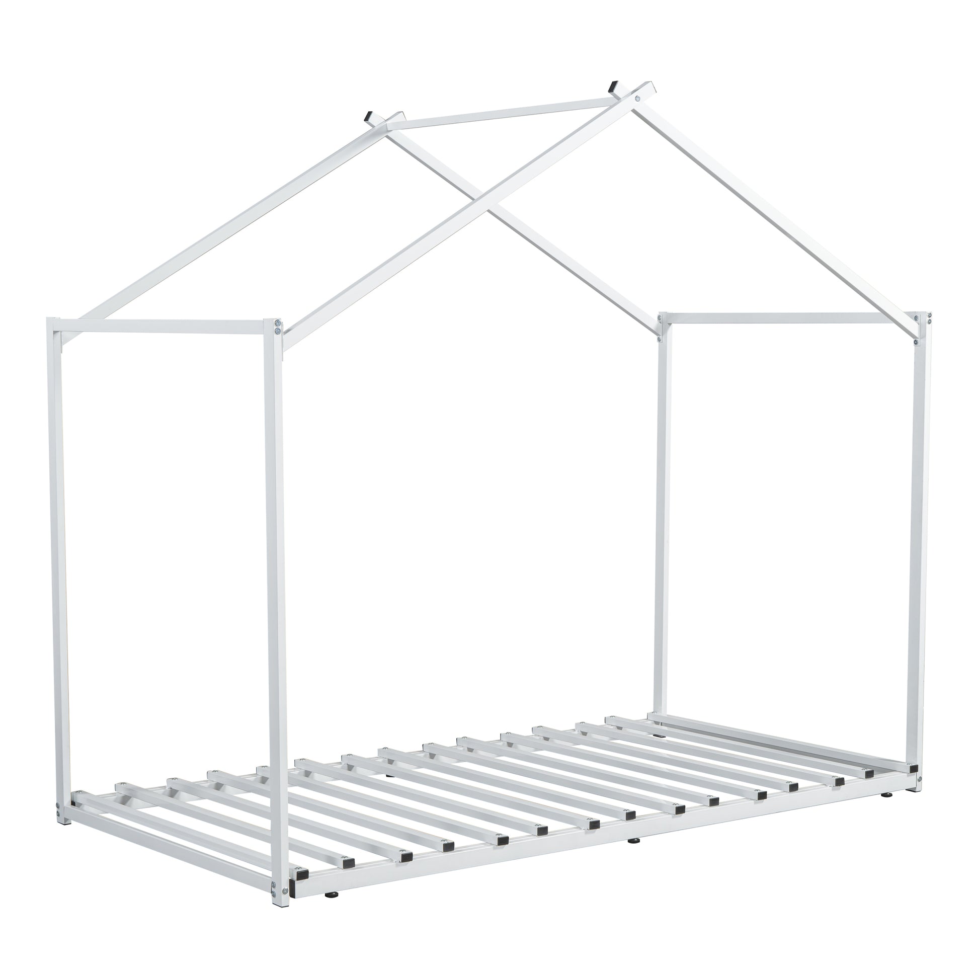 Metal Twin Size House Platform Bed With Trundle, White Box Spring Not Required Twin White Metal Bed Frame Metal