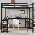 Full Metal Loft Bed With Desk And Shelves, Loft Bed With Ladder And Guardrails, Loft Bed Frame For Bedroom, Black With Black Desk Full Black Metal