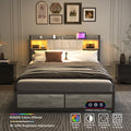 King Size Bed Frame With Led Light & Power Outlet, Platform Bed With Upholstered Headboard And Storage, Sturdy Metal Slats Support, No Box Spring Needed, Easy Assembly, Noise Free Box Spring Not Required King Dark Oak Metal Bedroom Modern Bed Frame Mdf