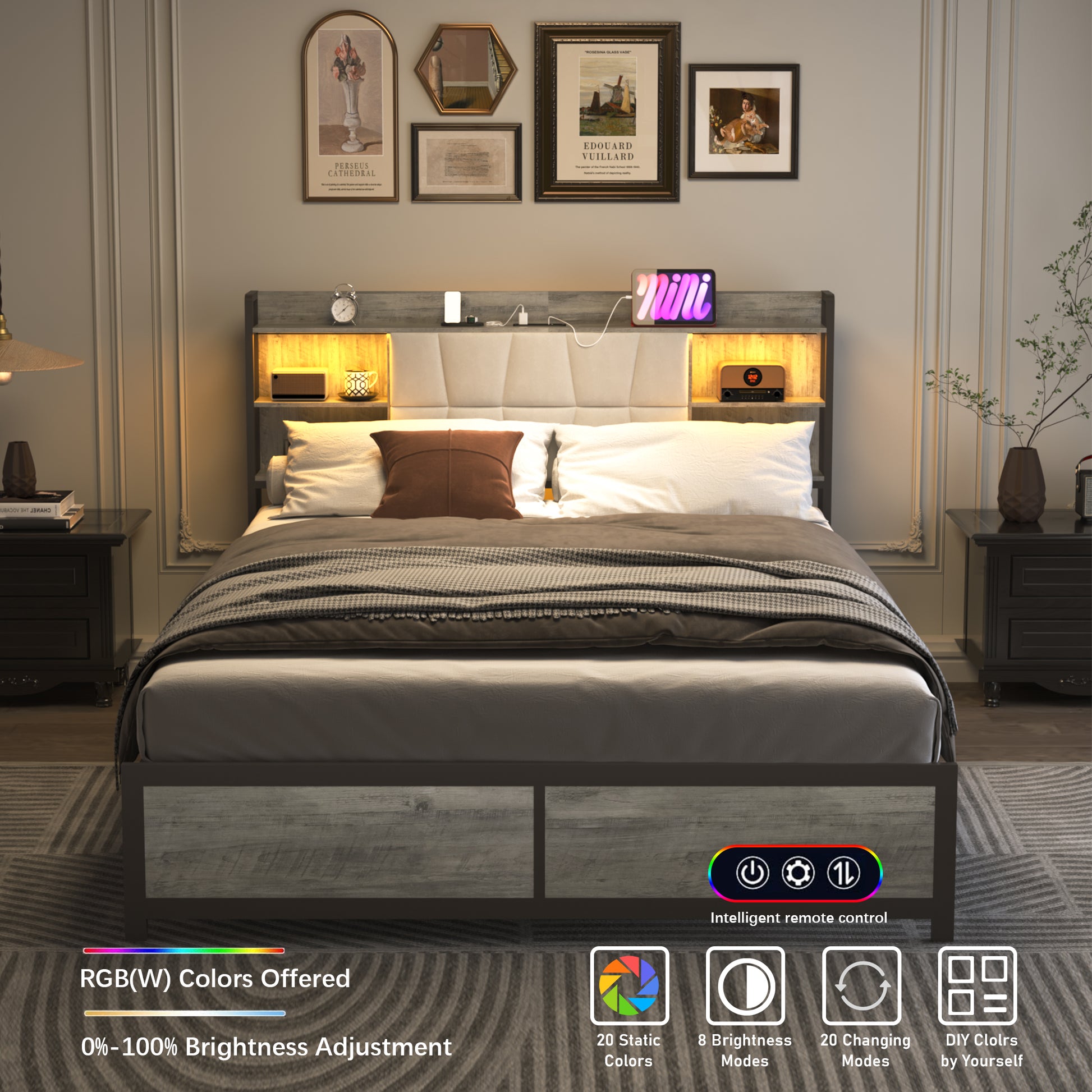 King Size Bed Frame With Led Light & Power Outlet, Platform Bed With Upholstered Headboard And Storage, Sturdy Metal Slats Support, No Box Spring Needed, Easy Assembly, Noise Free Box Spring Not Required King Dark Oak Metal Bedroom Modern Bed Frame Mdf