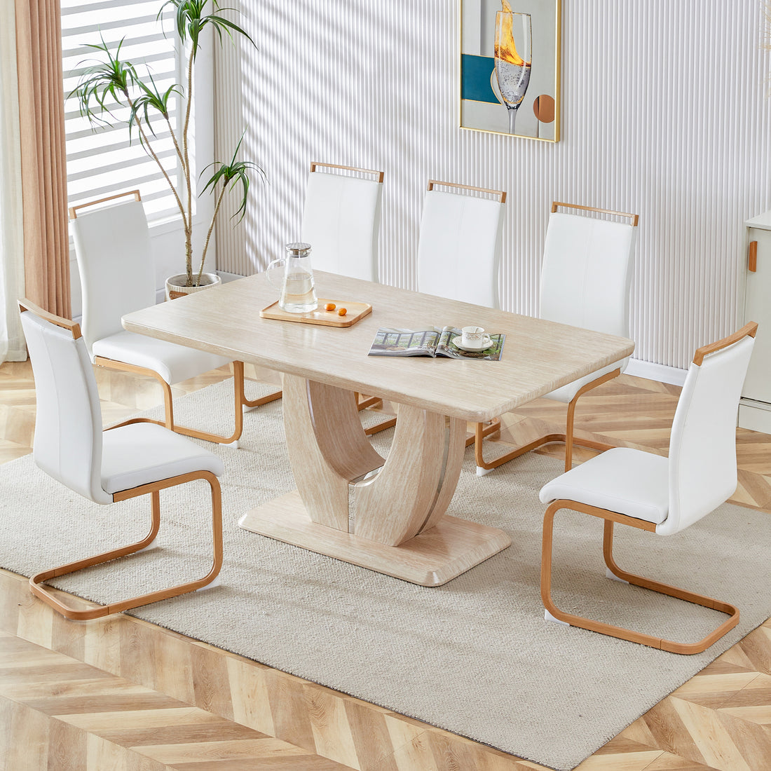 Table And Chair Set.Modern Minimalist Luxury Mdf Rectangular Dining Table With Textured Stickers On The Table, 6 Pu Synthetic Leather High Backrest Soft Cushioned Side Chairs. White Seats 6 Mdf