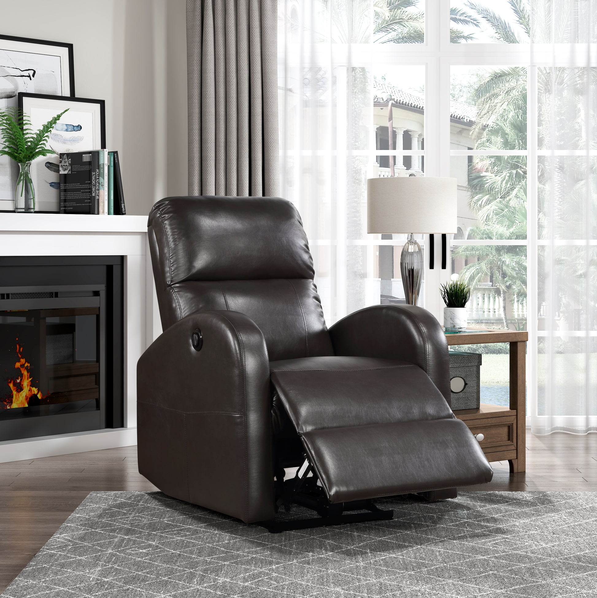 Power Reclining Chair 1Pc Brown Faux Leather Upholstered Modern Contemporary Power Motion Reclining Brown Faux Leather Primary Living Space Plywood,Solid Wood