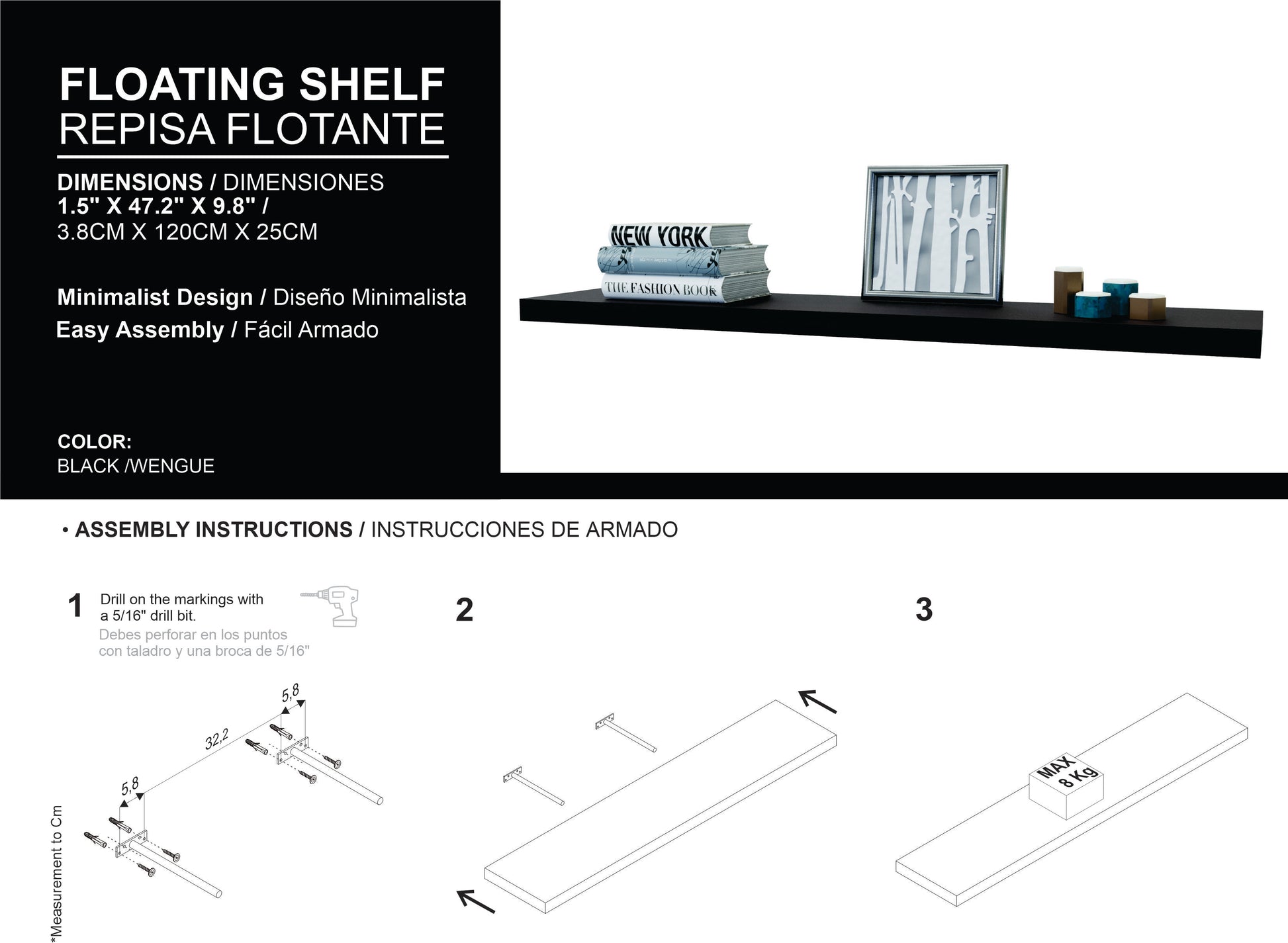 Greer Floating Shelf In Melamine X2, Black Black Horizontal Primary Living Space Open Back Wood Modern Wall Mounted Particle Board Melamine