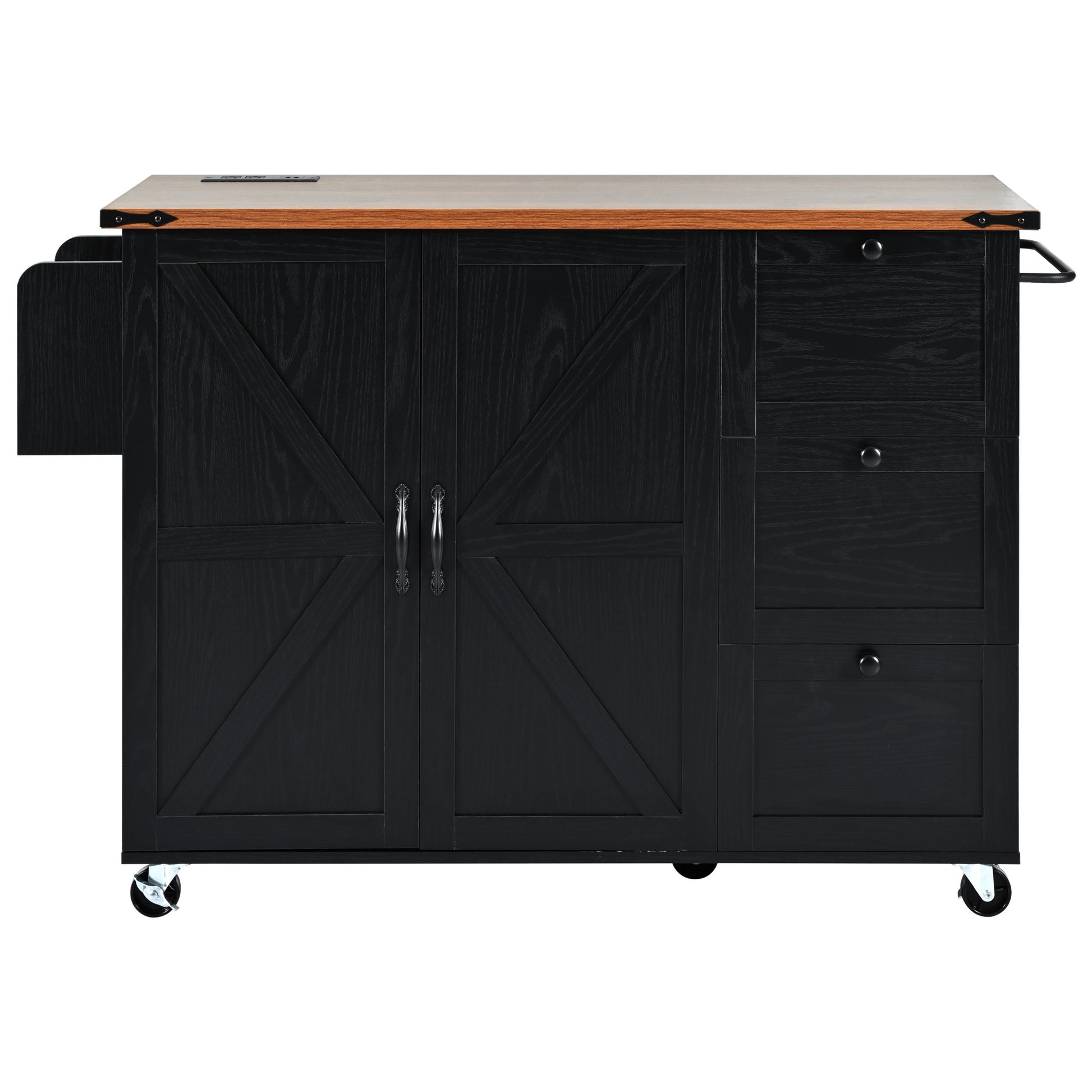 K&K 54.5" Farmhouse Kitchen Island With Power Outlet, Kitchen Storage Island With Internal Storage Rack, Drop Leaf, Spice Rack, Rolling Kitchen Cart On Wheels, For Home, Kitchen And Dining Room,Black Black Brown Kitchen Classic,Farmhouse,Luxury,Modern