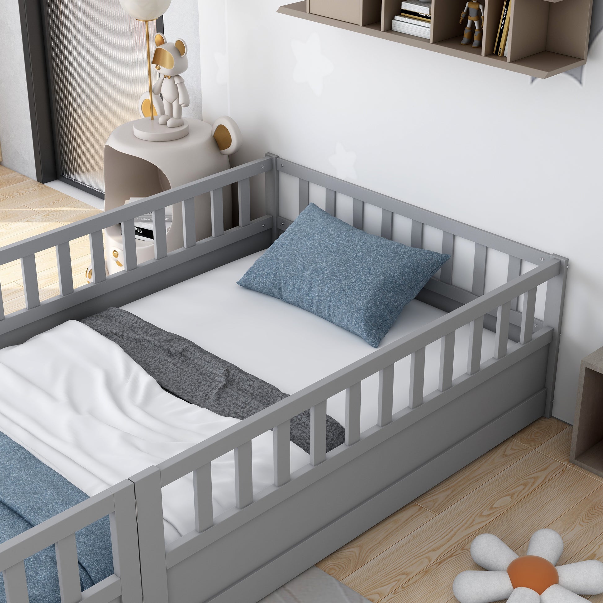 Twin Size Floor Bed, Integral Construction With Super High Security Barrier, Door, Children'S Floor Bed Frame, Montessori Wooden Children'S Floor Bed, Grey Box Spring Required Twin Grey Wood Brown