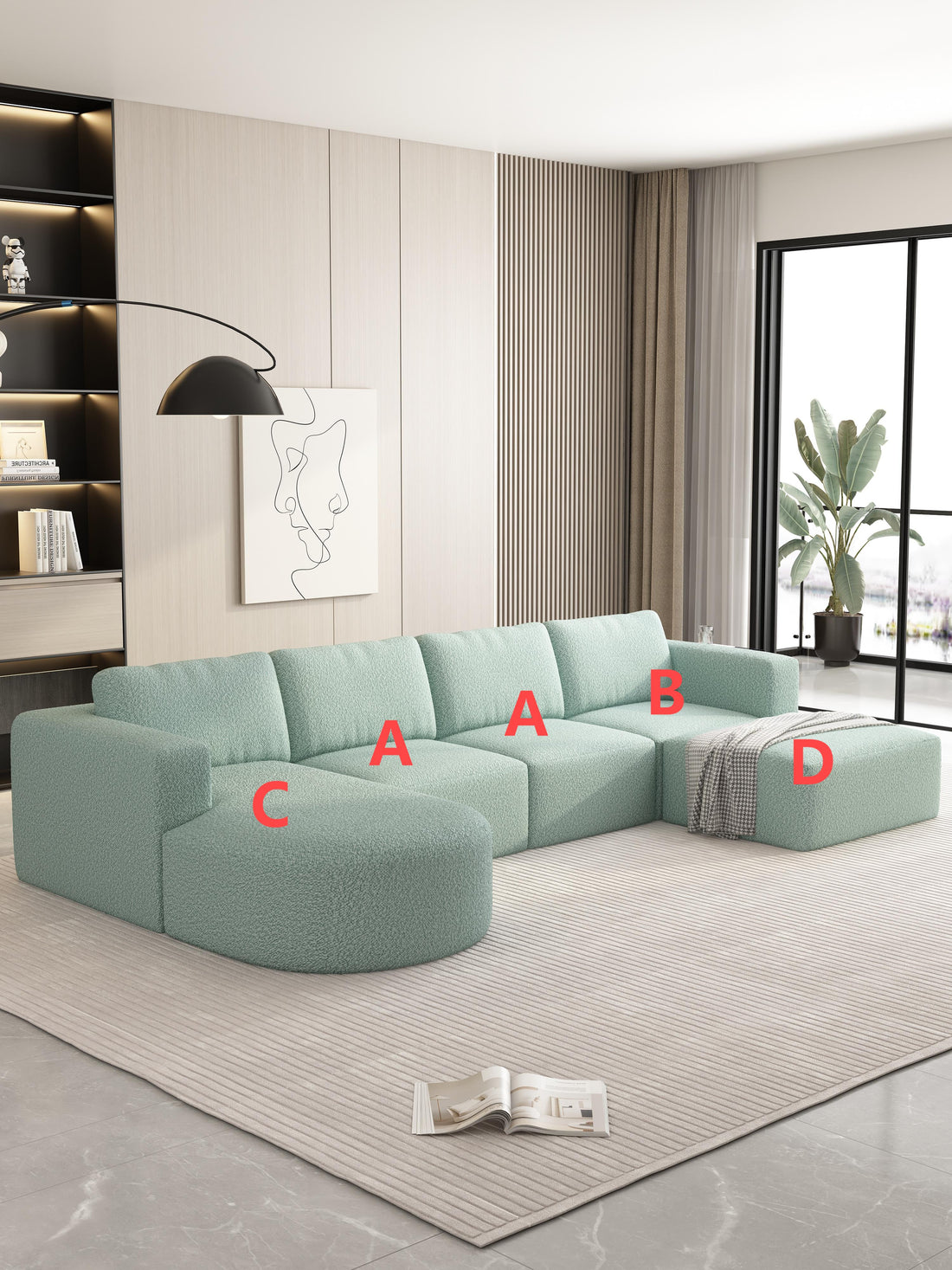 133.84*70.86 Modular Sectional Sofa Sleeper Couch, Sectional Sofa With Chaise And Ottoman, Convertible U Shaped Modular Sofa Set. Compressed Spon, Light Green Combo 2A B C D Light Green Primary Living Space Soft Minimalist,Modern Foam Spring 6 Seat