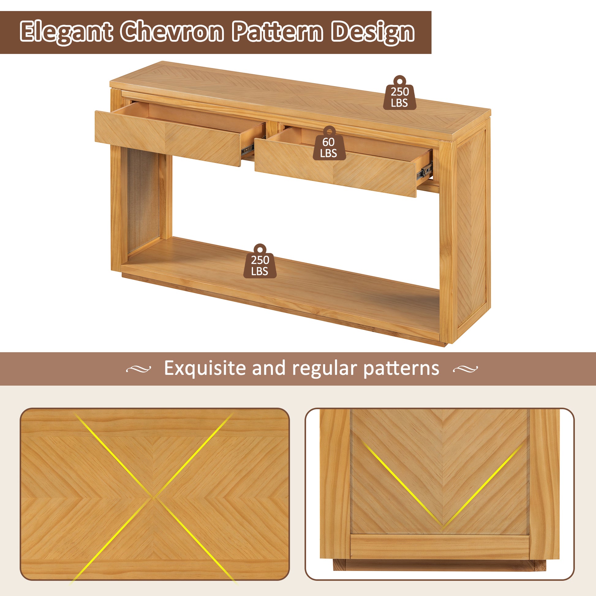 55" Console Table, Rustic Wooden Entryway Table With Storage Drawers And Open Shelf, Elegant Sofa Table For Hallway And Living Room Natural Natural Primary Living Space Mdf