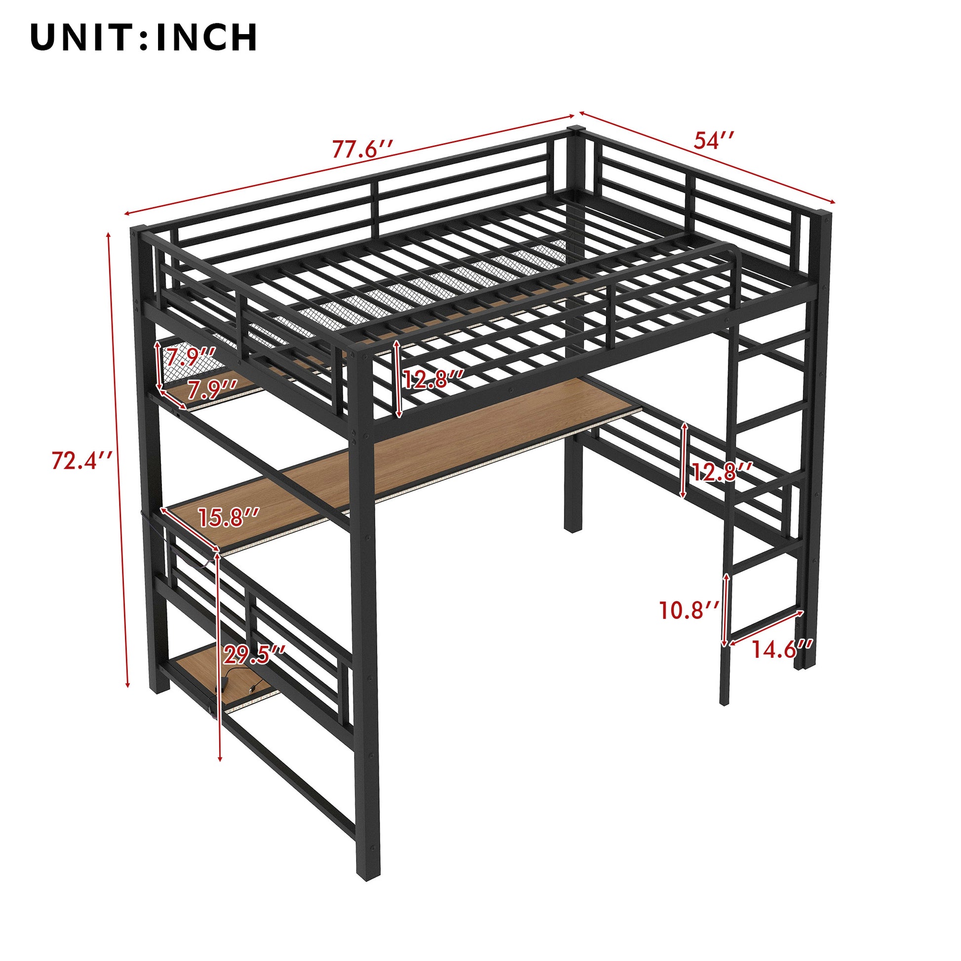 Full Size Metal Loft Bed Frame With Storage Shelf And Led Light,Iron Mesh,Black Black Metal