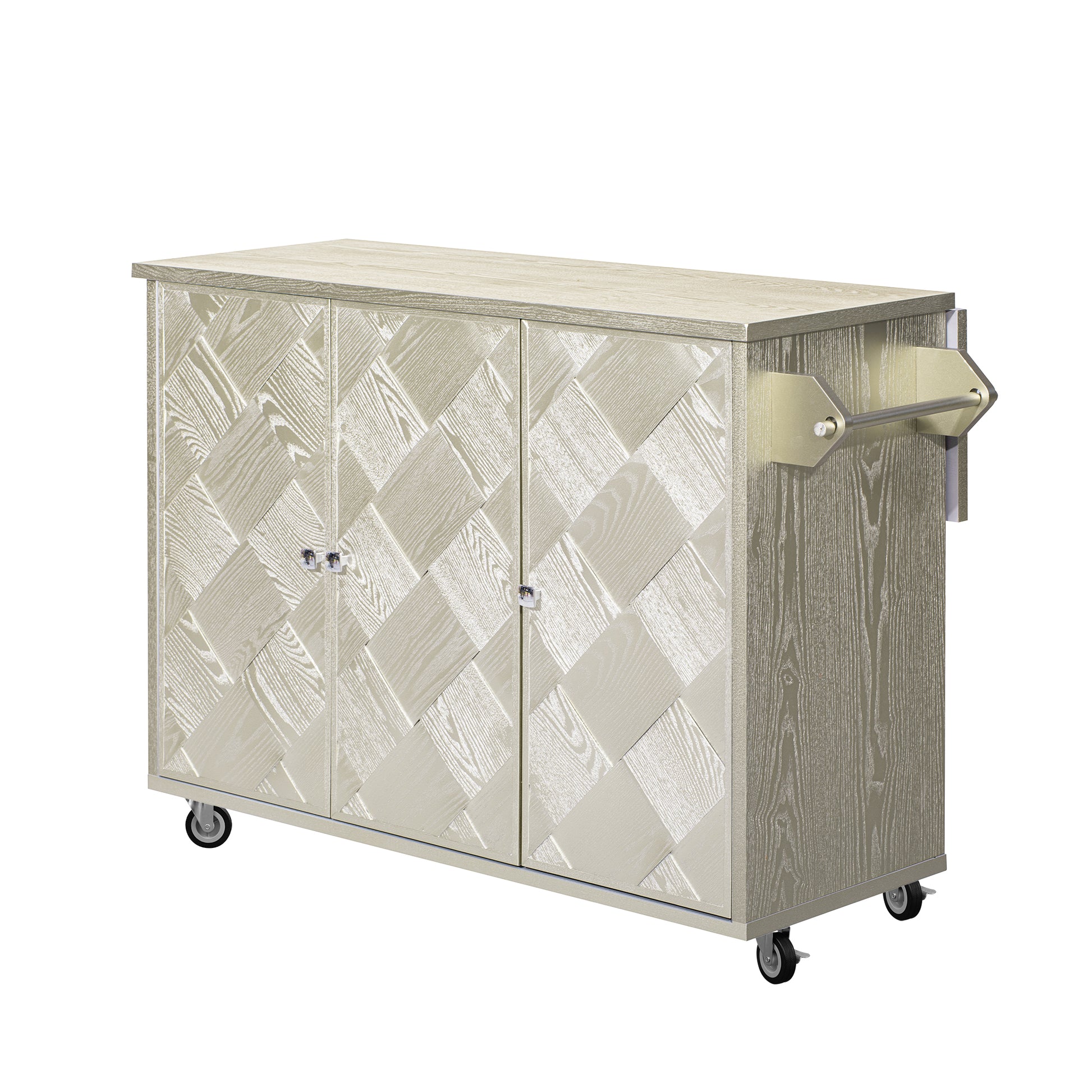 K&K 51.2"W Ash Veneer Not Cheap Paper Solid Wood Handwoven Kitchen Island With Drop Leaf, Coastal Kitchen Island On Wheels With Internal Storage Rack, Rolling Kitchen Cart, Champagne Champagne