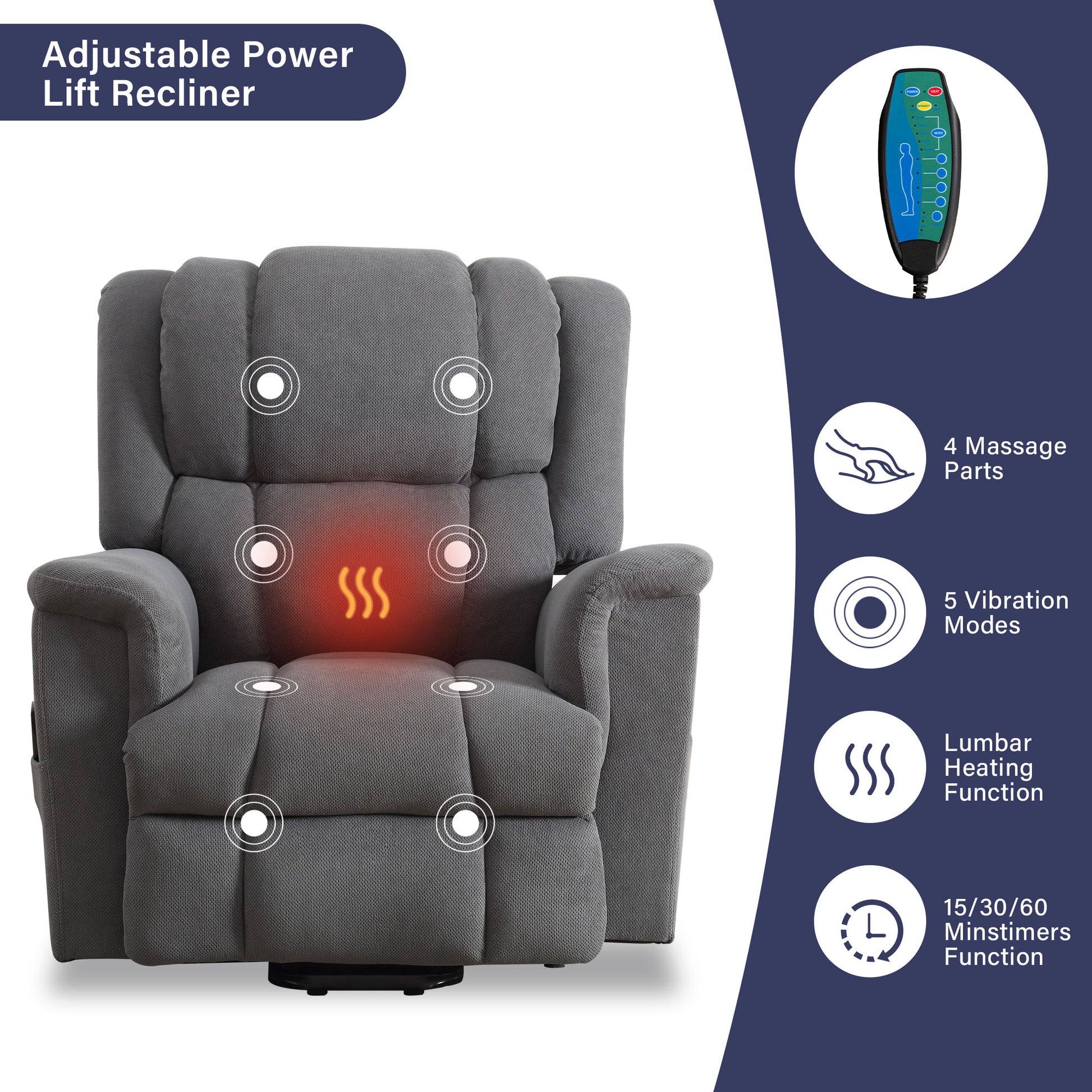 Power Lift Recliner Chair Recliners For Elderly With Heat And Massage Recliner Chair For Living Room With Infinite Position And Side Pocket,Usb Charge Port. Grey Power Remote Wood Soft Fabric