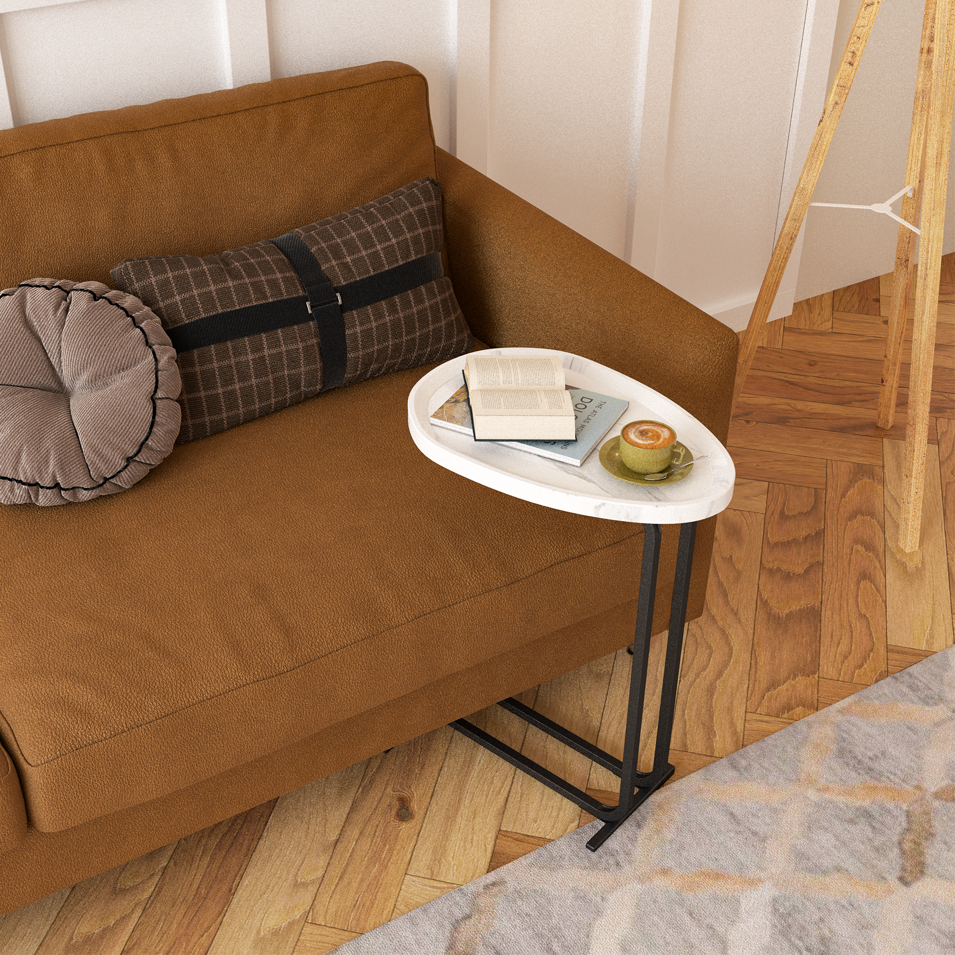 C Shaped Side Table, C Table End Table For Sofa And Bedside, Couch Side Tables, Wood C Shaped End Table With Metal Frame Slide For Bedroom Living Room White White Mdf Metal