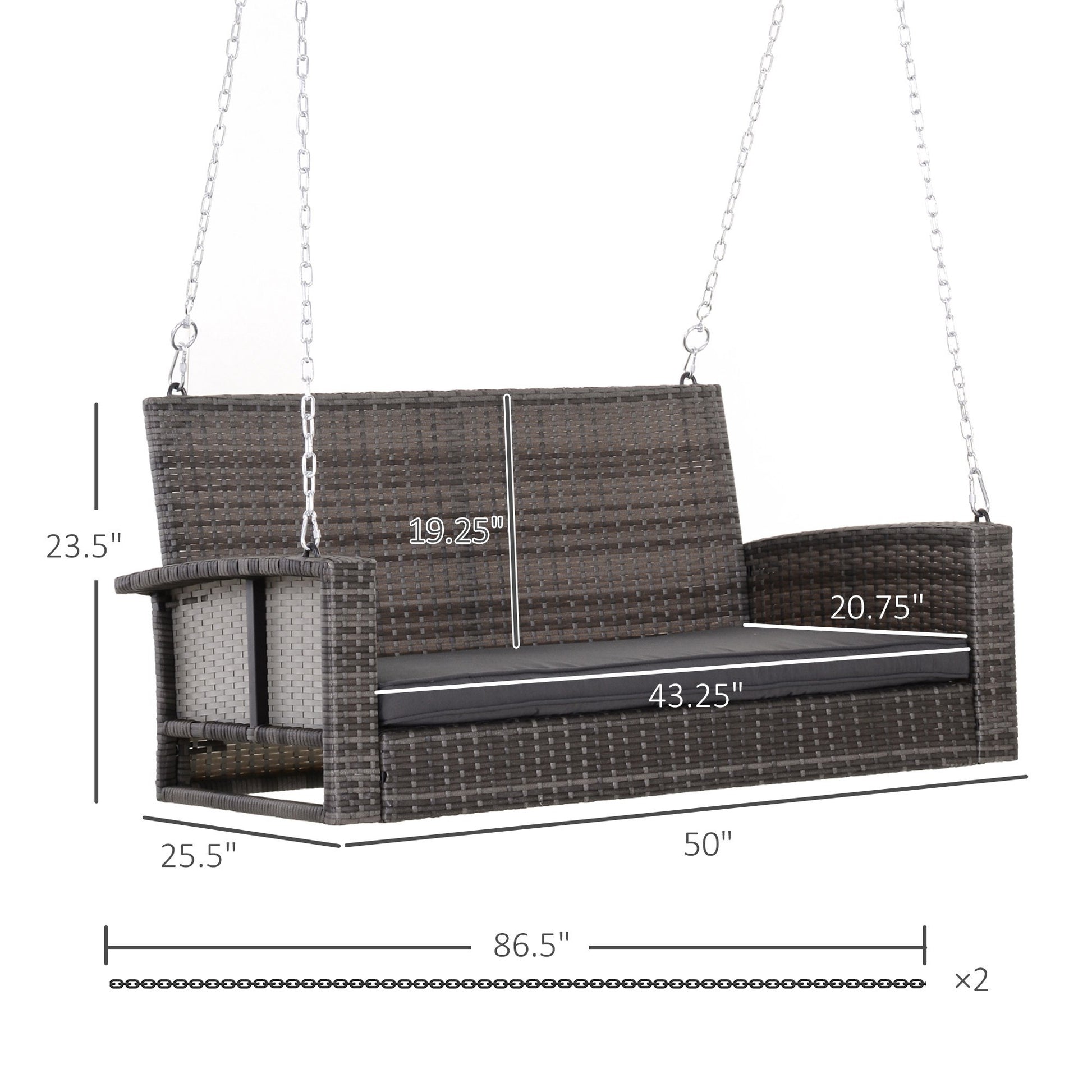 Outsunny 2 Person Wicker Hanging Swing Bench, Front Porch Swing Outdoor Chair With Cushions 550 Lbs. Weight Capacity For Backyard, Garden, Grey Gray Rattan