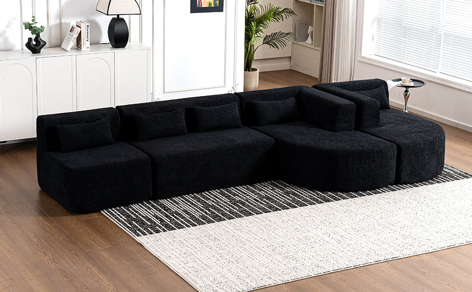 143.7" Upholstered Sofa Free Combined Sofa Couch With Two Chaise Lounge And Five Back Pillows For Living Room, Black Black Foam Polyester 5 Seat