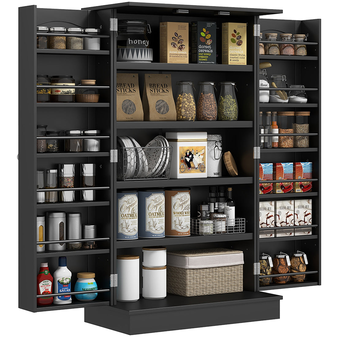 Homcom 41" Kitchen Pantry Storage Cabinet, Freestanding Kitchen Cabinet With 12 Door Shelves, Double Doors, 5 Tier Shelving And Adjustable Shelves, Black Black Mdf