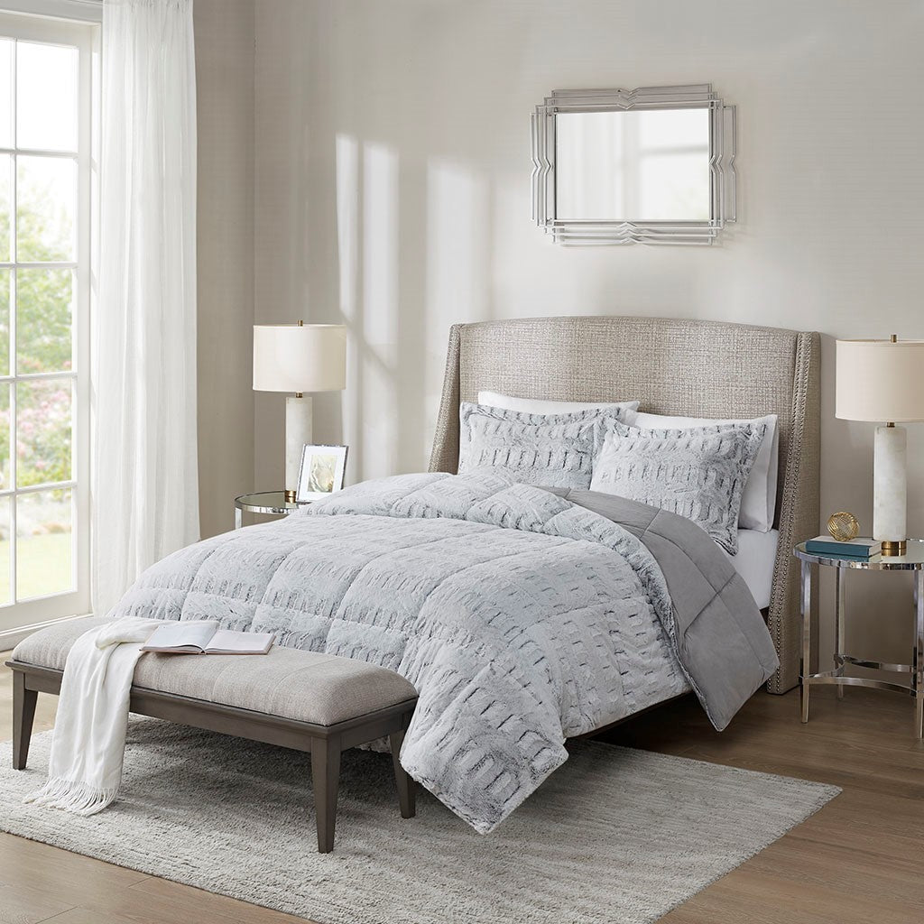 Back Print Long Fur Comforter Mini Set Twin Grey Polyester