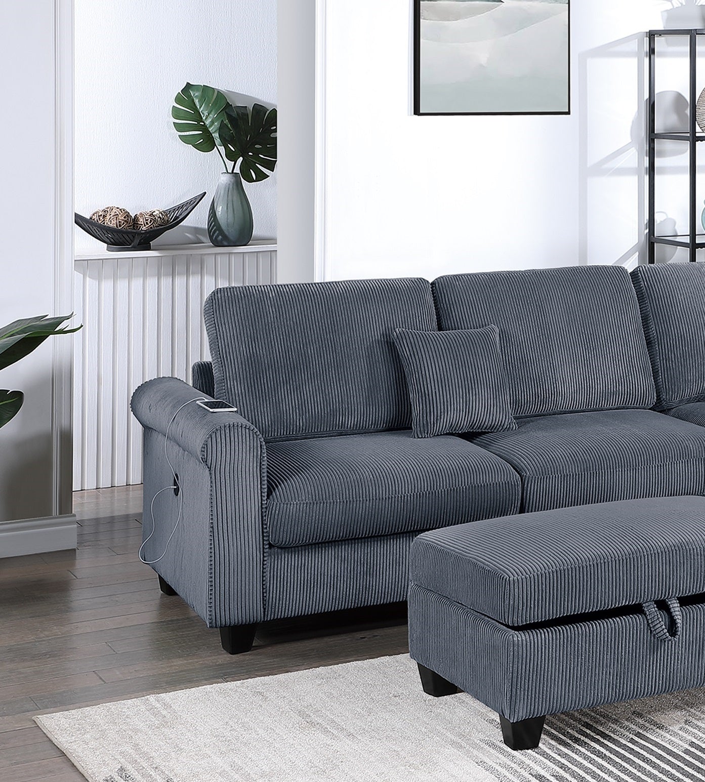 Contemporary Dark Gray 3Pc Sectional Set Corduroy Upholstered Laf Sofa Raf Chaise Ottoman L Sectional Living Room Furniture Dark Gray Primary Living Space Cushion Back Contemporary,Modern L Shaped Rubberwood Corduroy 6 Seat