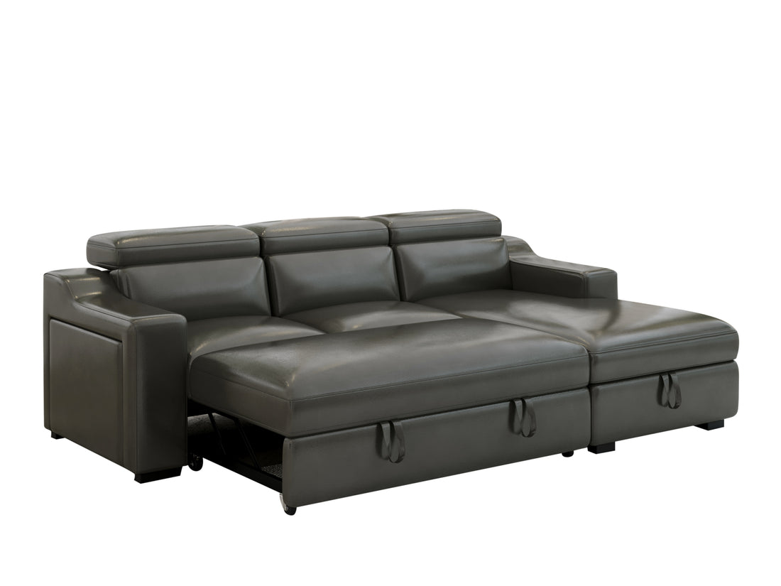 103'' Inch Convertible Sectional Sofa With Storage Chaise, Adjustable Headrests, L Shaped Sleeper Corner Sectional Sofa With A Pull Out Bed ,A Usb Charging,And A Cup Holder,Gray Light Brown Wood