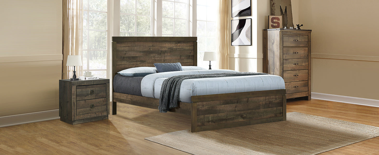 3 Pieces Vintage Farmhouse Style Full Size Platform Bed With 10 Wooden Slats Support 2 Nightstands, No Box Spring Needed, Rustic Brown Box Spring Not Required Full Rustic Brown Wood 3 Piece Set Bedroom Traditional Plywood