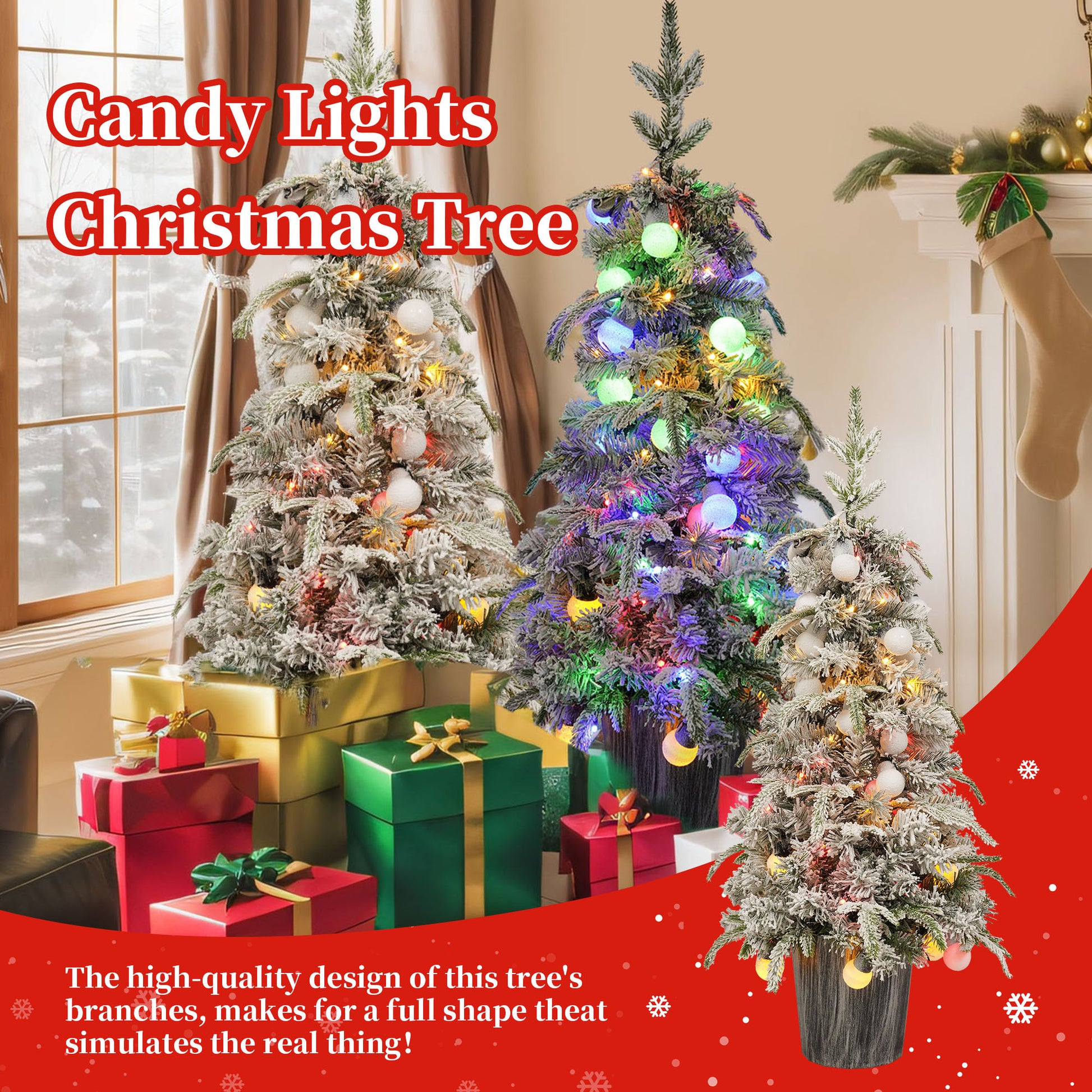 Lighted Candy Christmas Tree Set Of 2, 3Ft Artificial Tree With Warm White Lights, Christmas Tree For Decoartion Inside And Outside Green Pvc