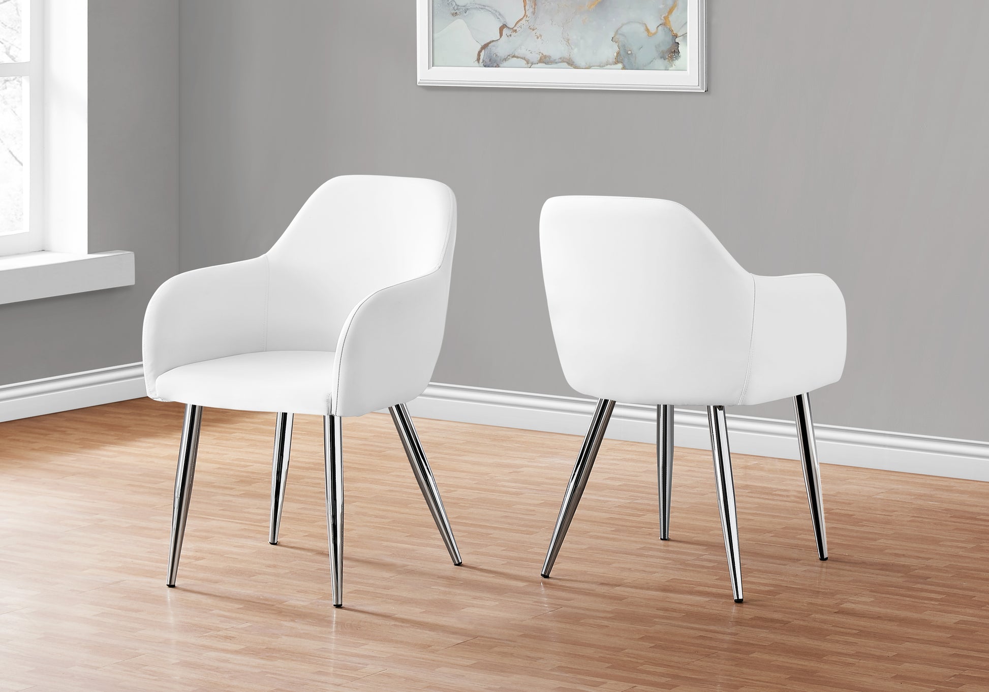 Dining Chair, Set Of 2, Side, Upholstered, Kitchen, Dining Room, White Leather Look, Chrome Metal, Contemporary, Modern White Foam Faux Leather