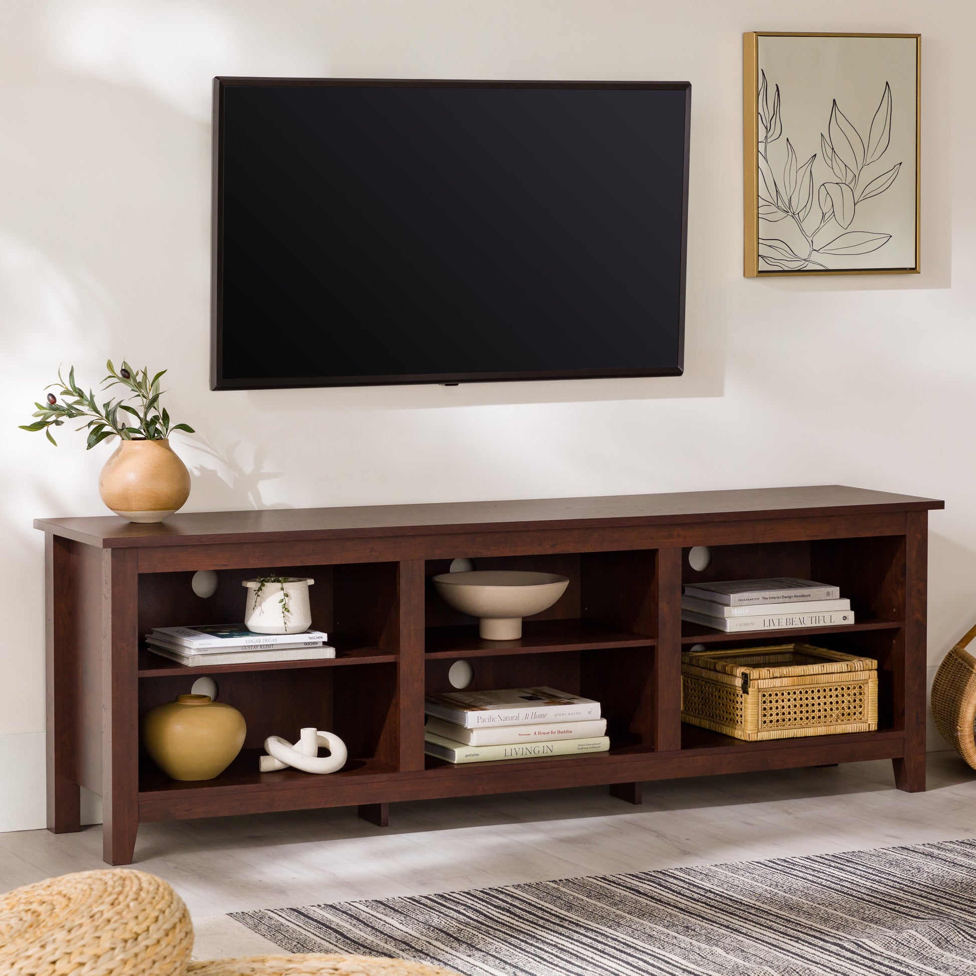 Modern Transitional 3 Shelf Open Storage 70" Tv Stand For 80" Tvs Brown Brown Mdf