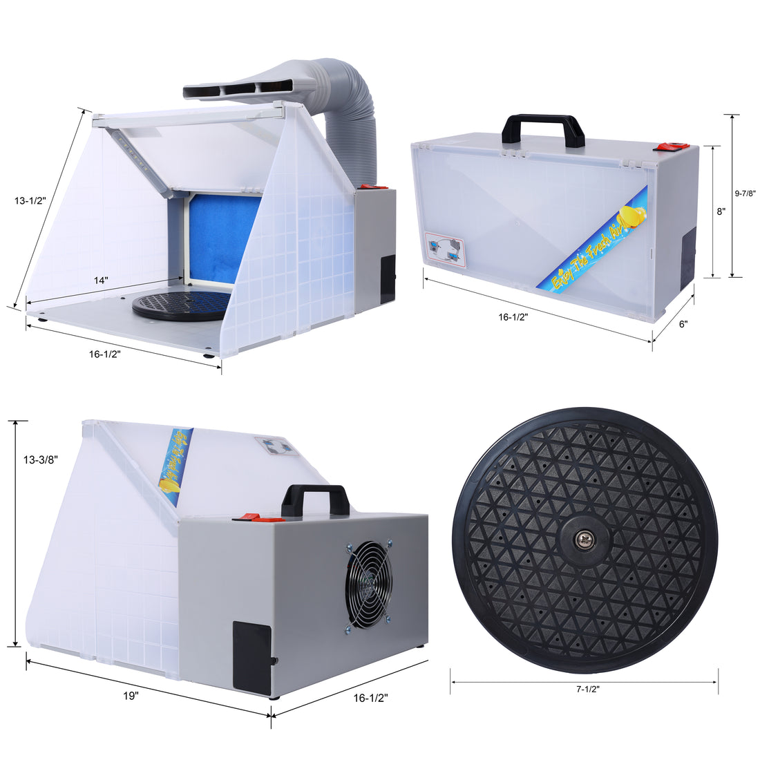 Portable Airbrush Spray Booth With 3 Led Lights, Extra Replaceable Extra Filter Pad, Turn Table And 6Ft Exhaust Extension Hose For Hobby, Painting, Art Craft Gray Plastic