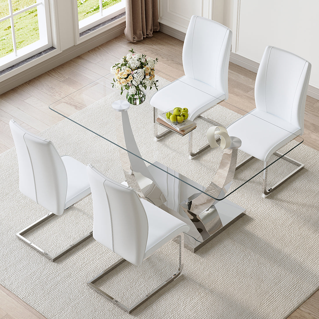 Table And Chair Set.Modern Dining Table,Tempered Glass Tabletop And Silver Colored Leg.Paired With 4 Soft And Comfortable White Pu Chair, Perfect For Dinner, Meetings, Home And Office Decor. White