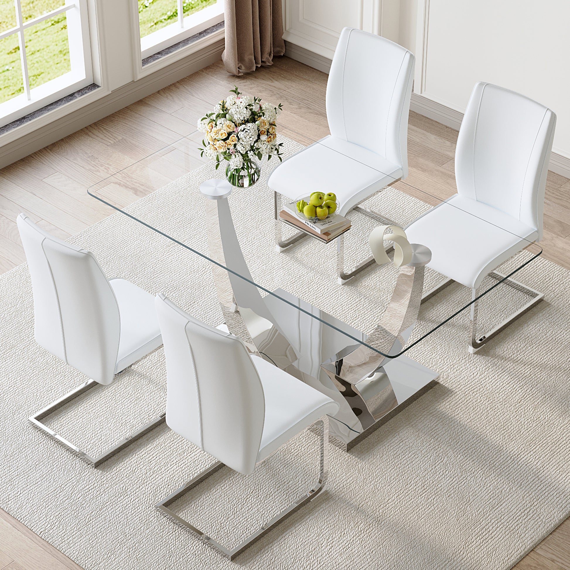 Table And Chair Set.Modern Dining Table,Tempered Glass Tabletop And Silver Colored Leg.Paired With 4 Soft And Comfortable White Pu Chair, Perfect For Dinner, Meetings, Home And Office Decor. White