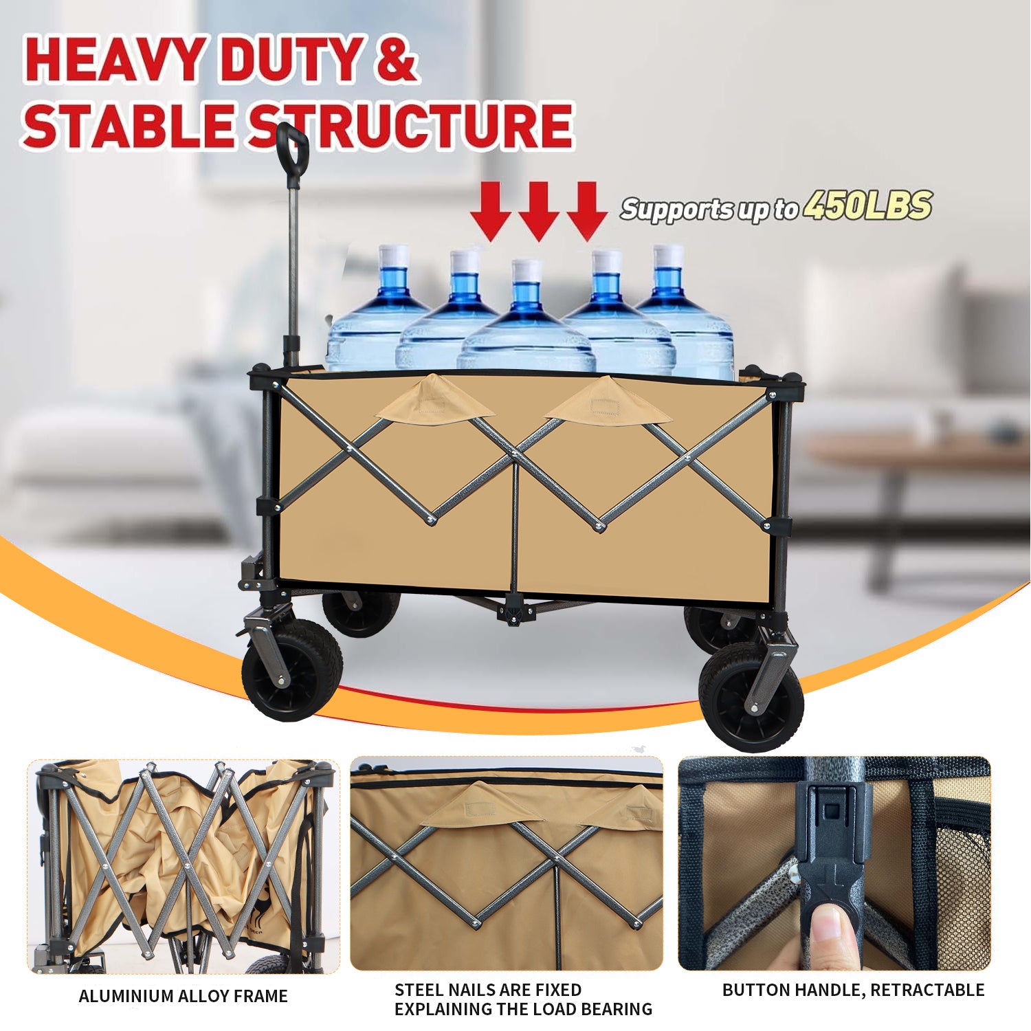 Collapsible Folding Wagon, Push Pull Foldable Beach Wagon Cart Grayish Brown Steel