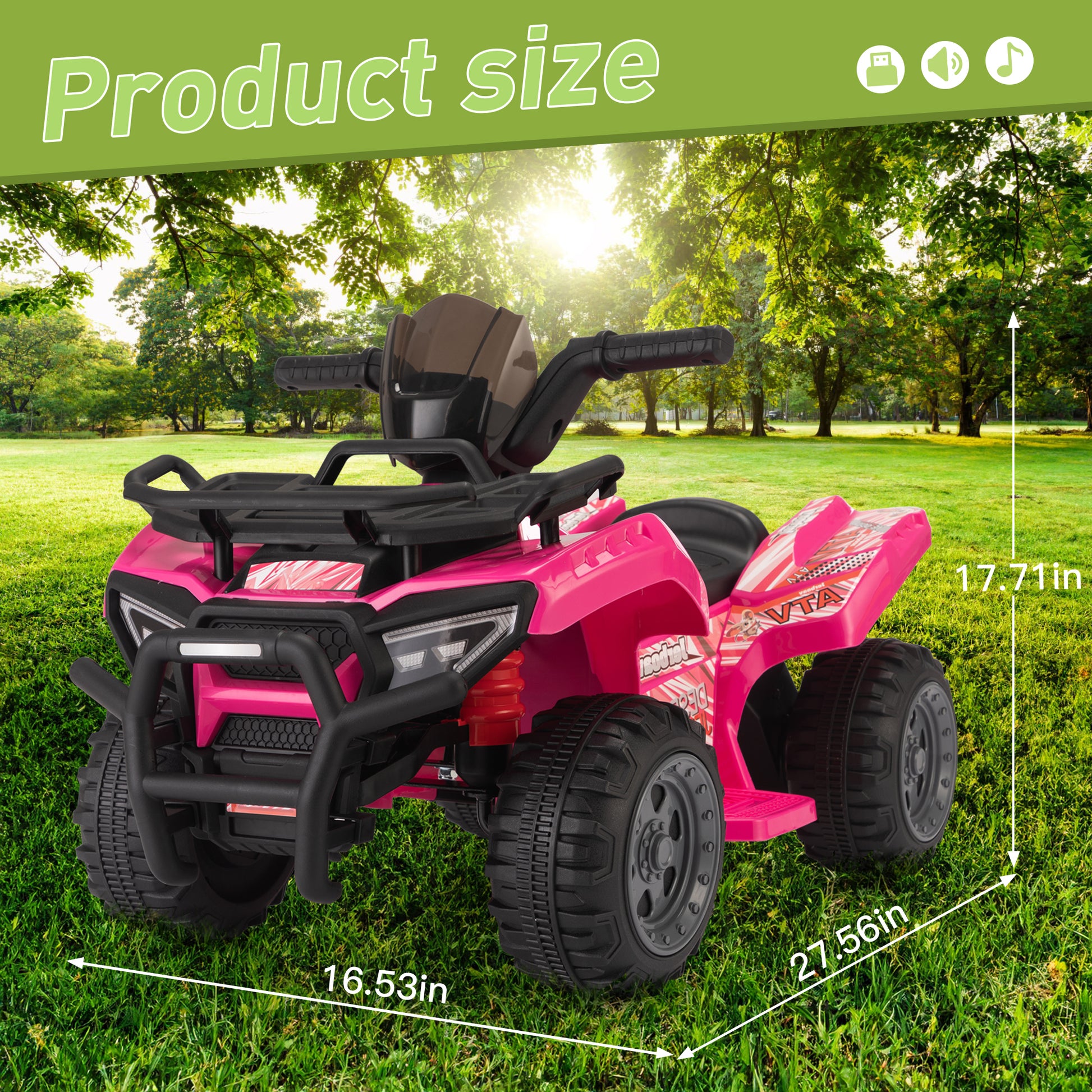 6V Kids Ride On Atv Car, Powered 4 Wheeler Quad W Music Horn Usb Mp3, 1.9 Mph Max Speed, Electric Vehicle Toy For Children 18 48 Months, Rosy Rosy Polypropylene