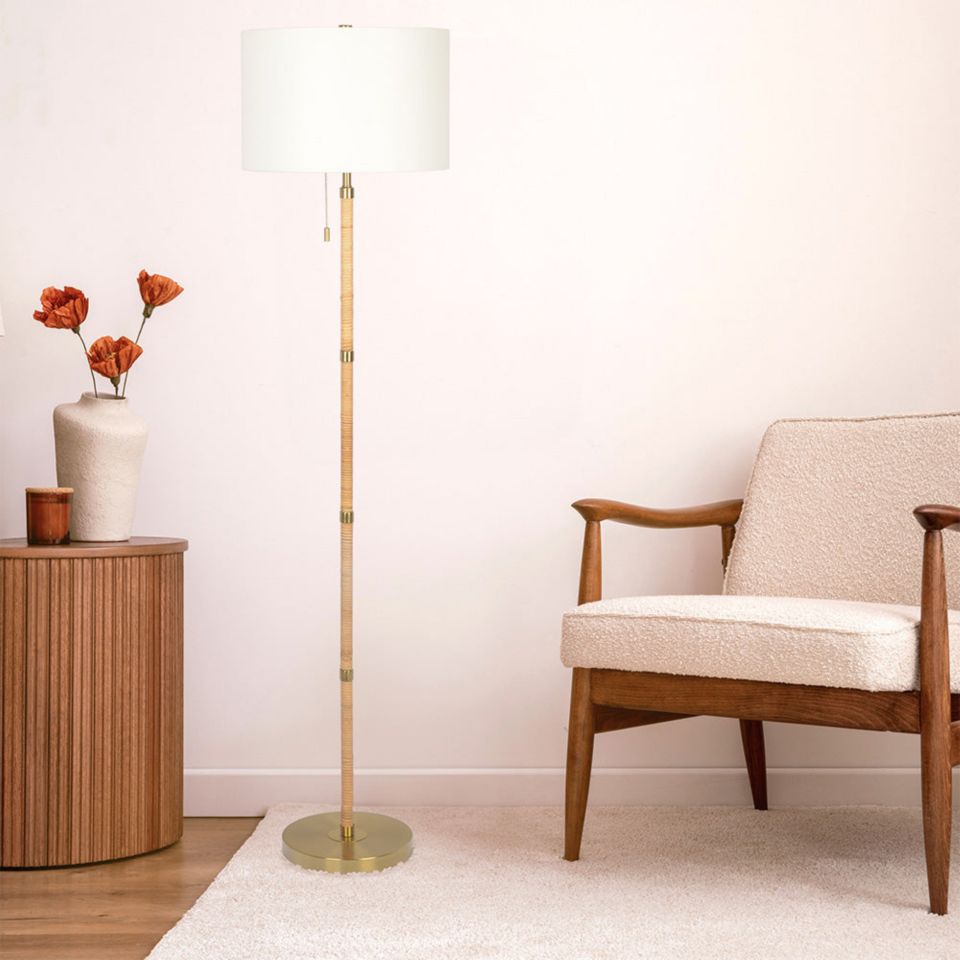 Stellar Wood Rattan Tubegold Brass Metal And White Linen Shade Floor Lamp Gold,Rattan,White Table&Floor Lamps Brass,Linen,Rattan