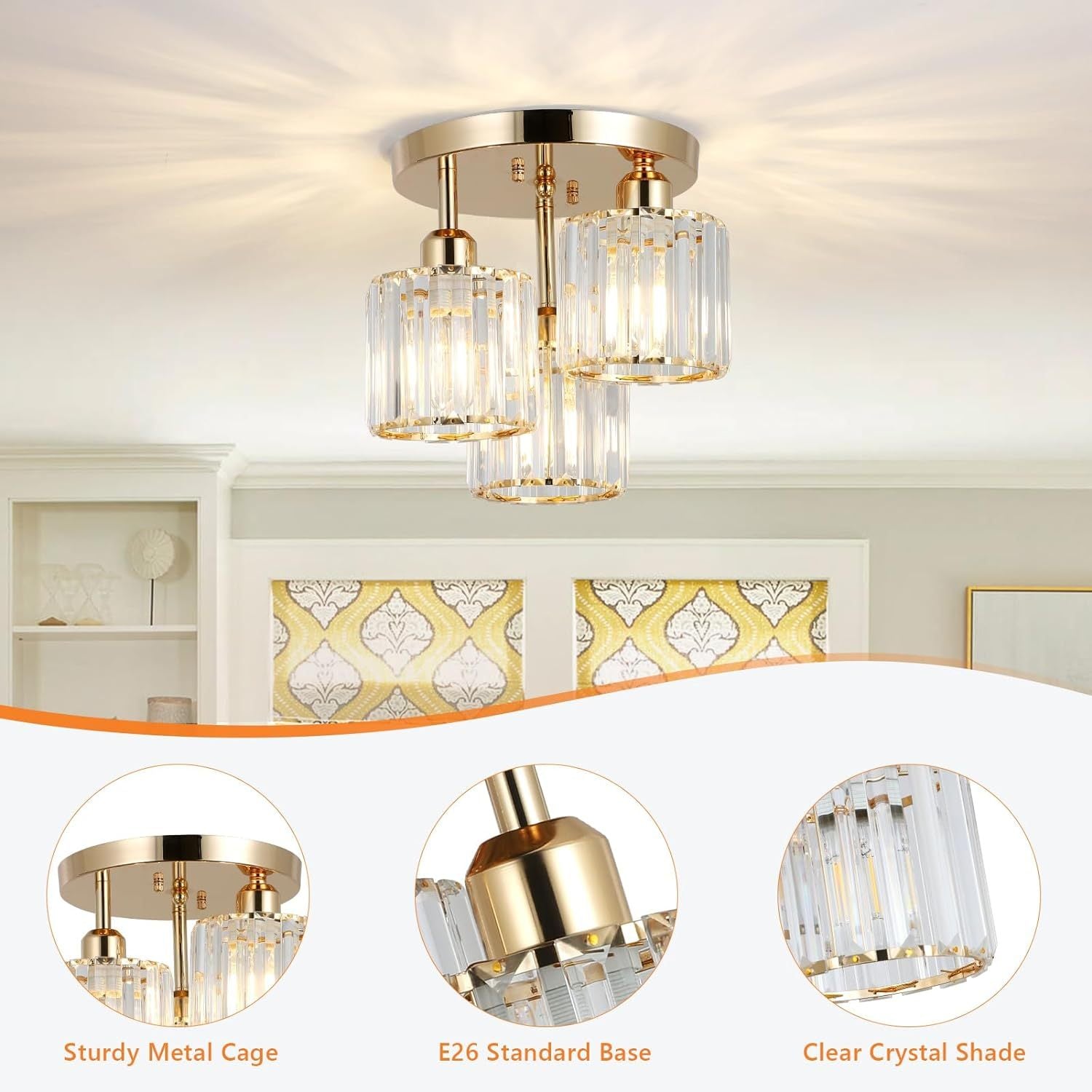 Modern Semi Flush Mount Ceiling Light,3 Light Crystal Close To Ceiling Light Fixtures,Golden Kitchen Light Fixtures With Clear Crystal Shade,Hallway Light Fixtures For Hallway Bedroom Bathroom Golden Crystal