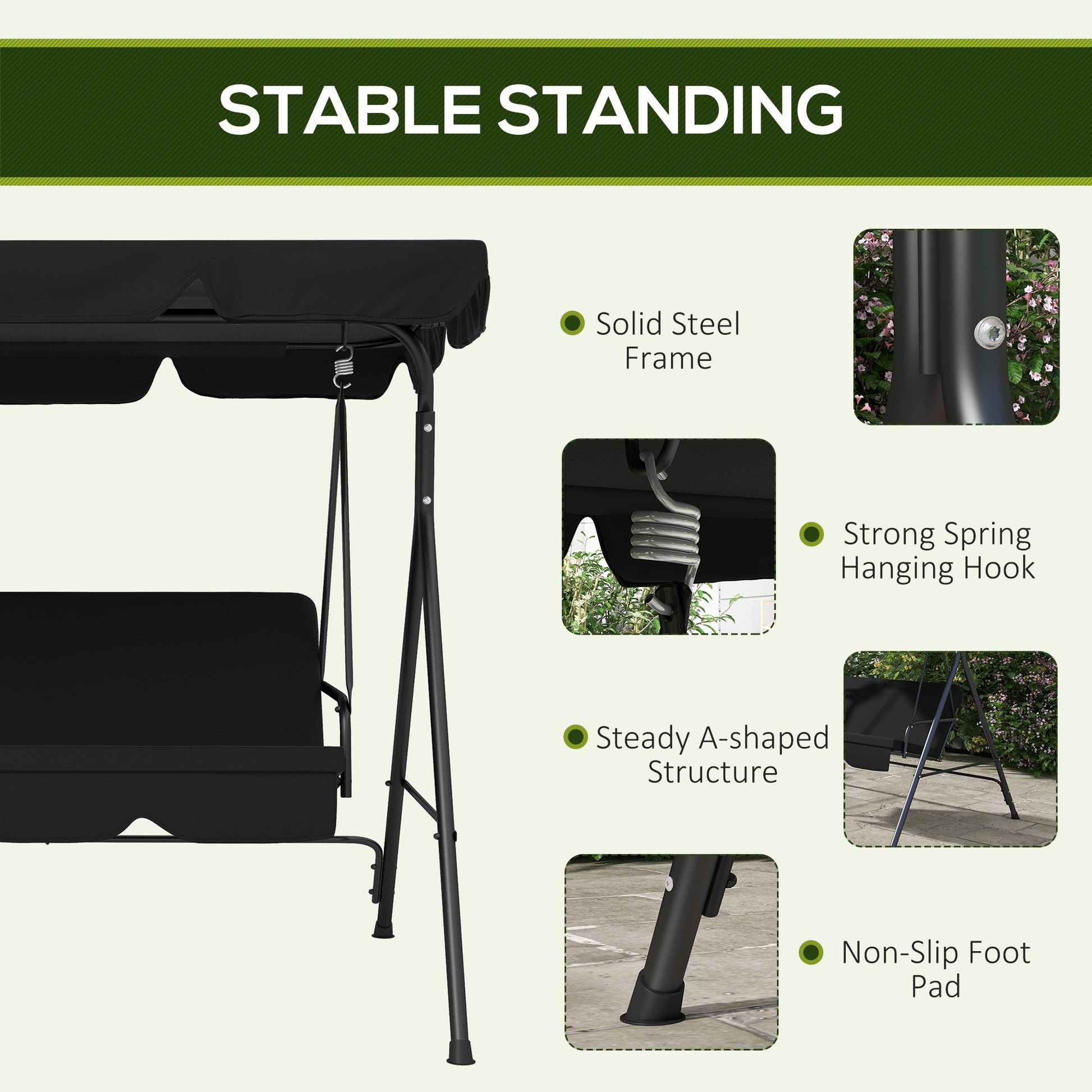 Outsunny 3 Seat Outdoor Patio Swing Chair With Removable Cushion, Steel Frame Stand And Adjustable Tilt Canopy For Patio, Garden, Poolside, Balcony, Backyard, Black 2 Black Steel