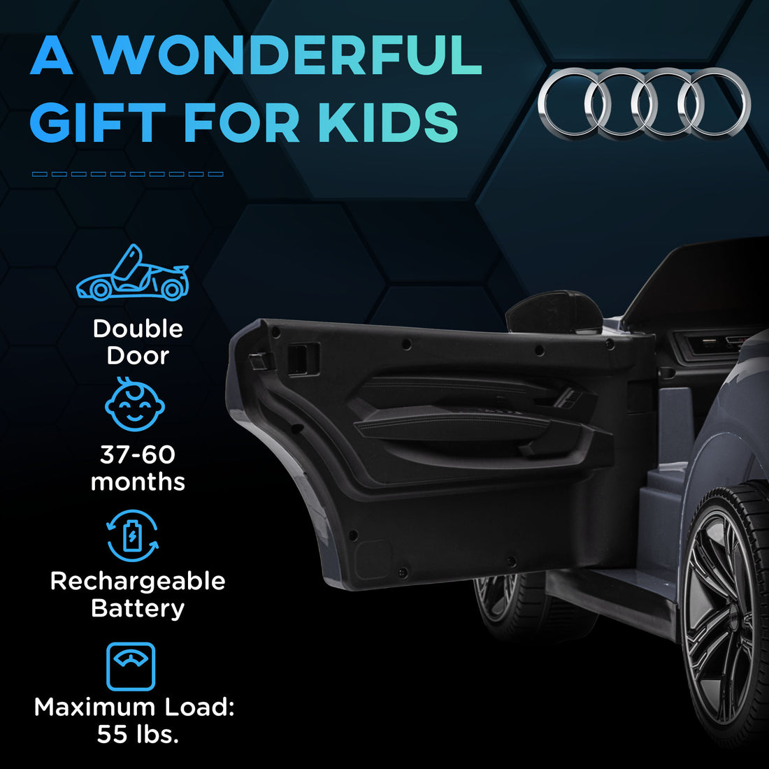 Aosom Kids Ride On Car, 12V Licensed Audi Rs E Tron Gt 3.1 Mph Electric Car For Kids, Ride On Toy For Boys And Girls With Remote Control, 4 Wheels With Suspension, Horn, Music, Lights, Gray Gray Plastic