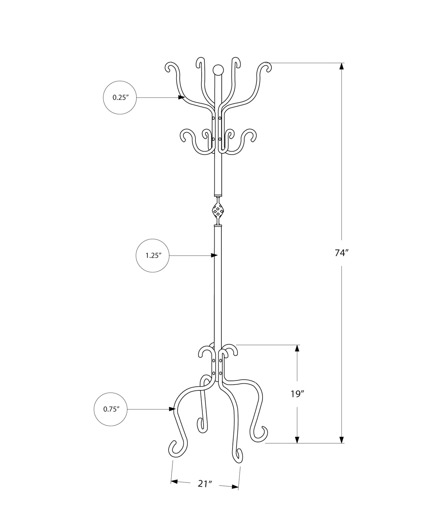 Coat Rack, Hall Tree, Free Standing, 8 Hooks, Entryway, 74"H, Bedroom, Black Metal, Transitional Black Metal