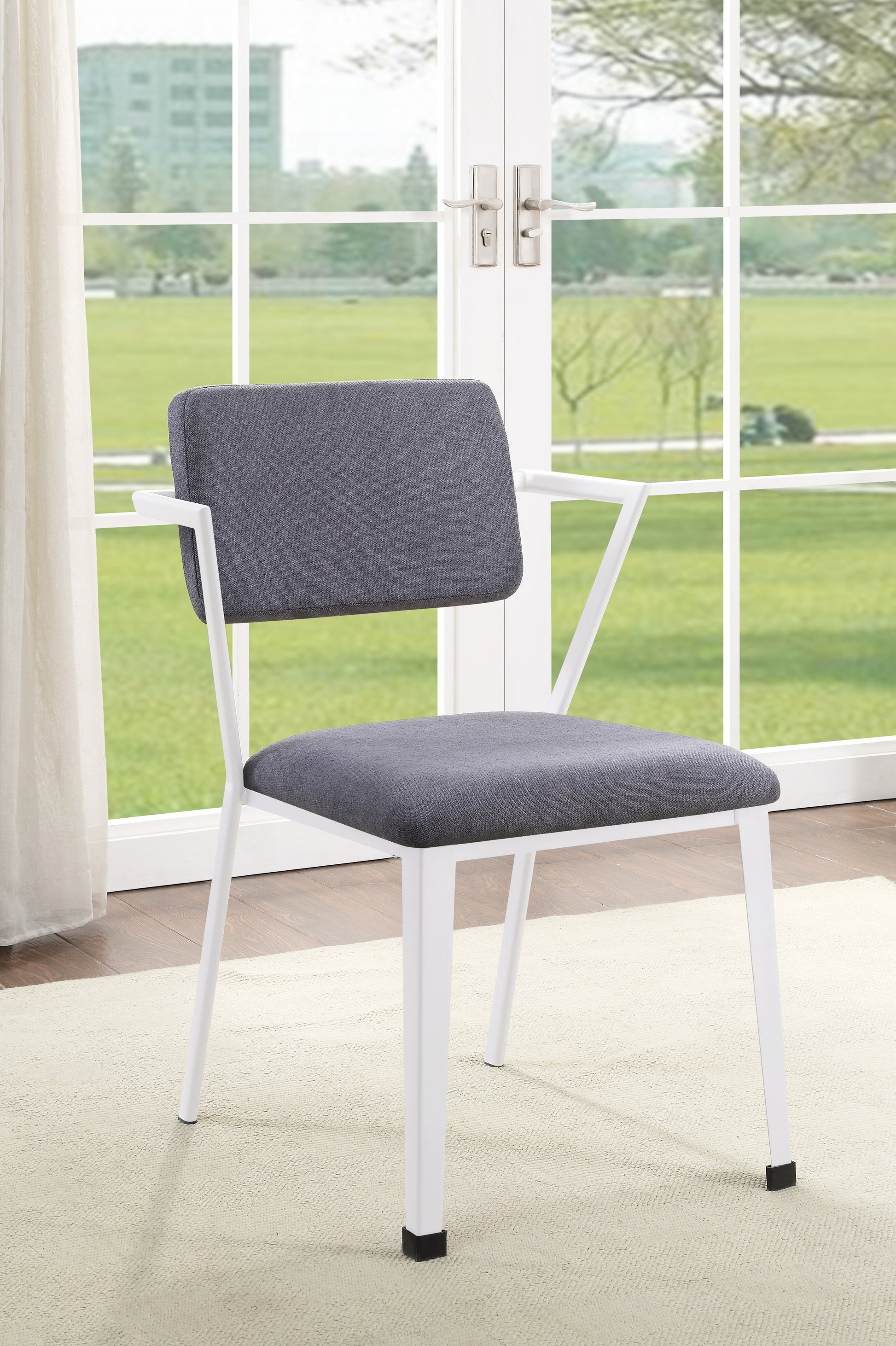 Grey And White Dining Chair With Padded Seat Set Of 2 Solid Grey White Dining Room Arm Chair Solid Back Set Of 2 Fabric Metal