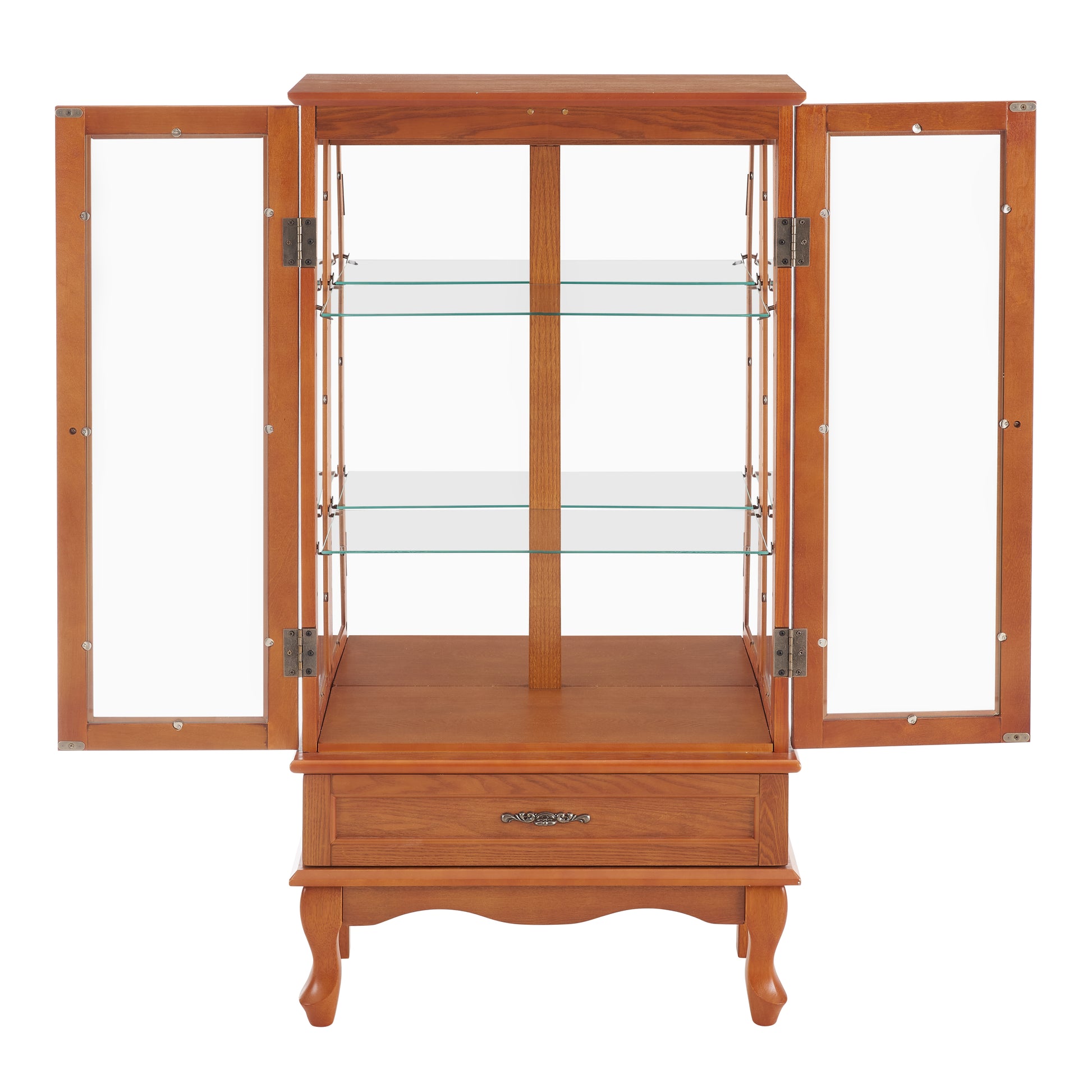 Lighted Glass Cabinet Glass Wine Cabinet Curio Display Cabinet With Adjustable Glass Shelves 2 Doors And 1 Drawer Cabinet Bulb Included Oak Oak Mdf Glass