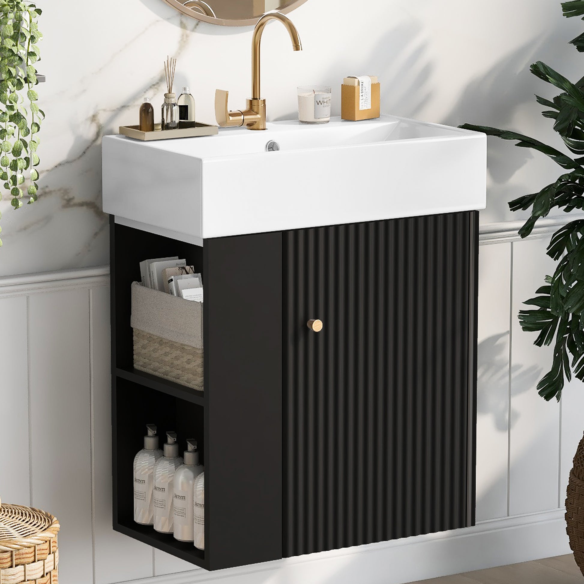 Video 21.6 Inch Modern Floating Bathroom Vanity With Ceramic Basin Perfect For Small Bathrooms, Left Side Storage Black Bathroom Ceramic Mdf