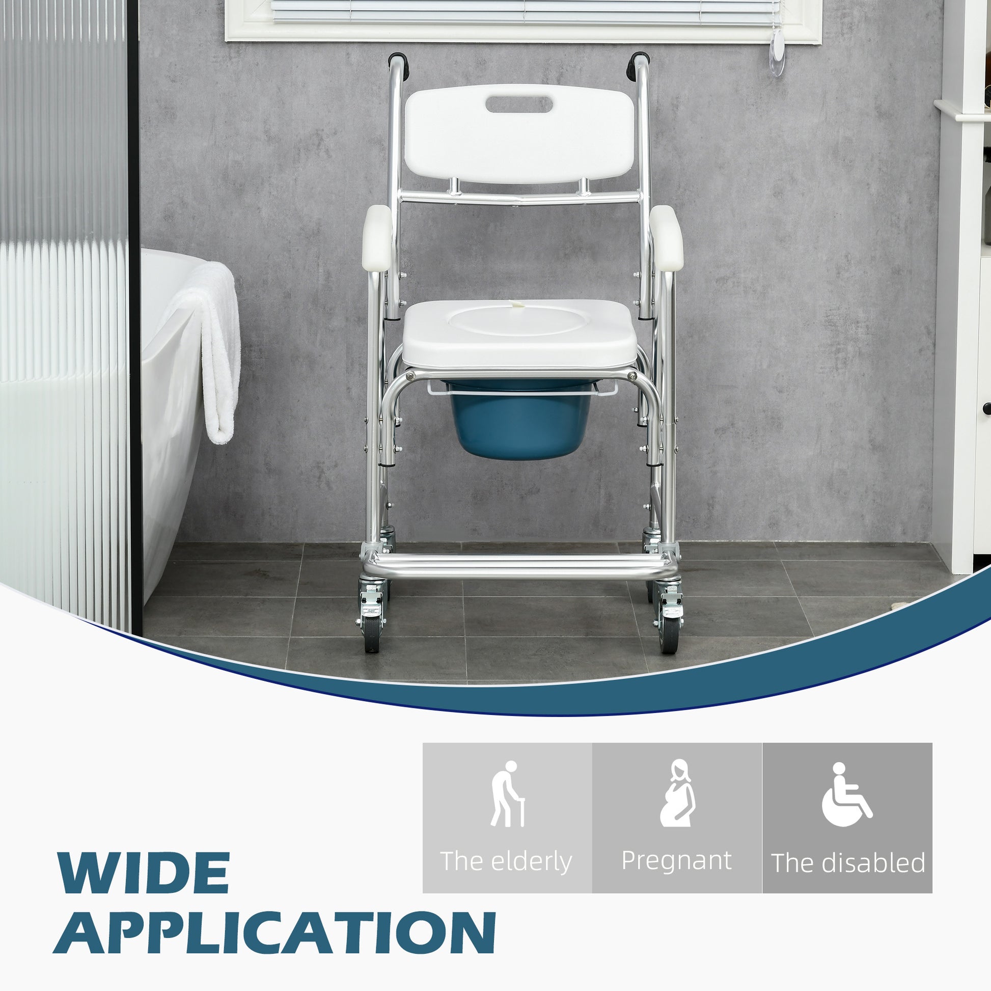 Homcom Shower Commode Wheelchair, Padded Seat, 330 Lbs., White White Aluminum