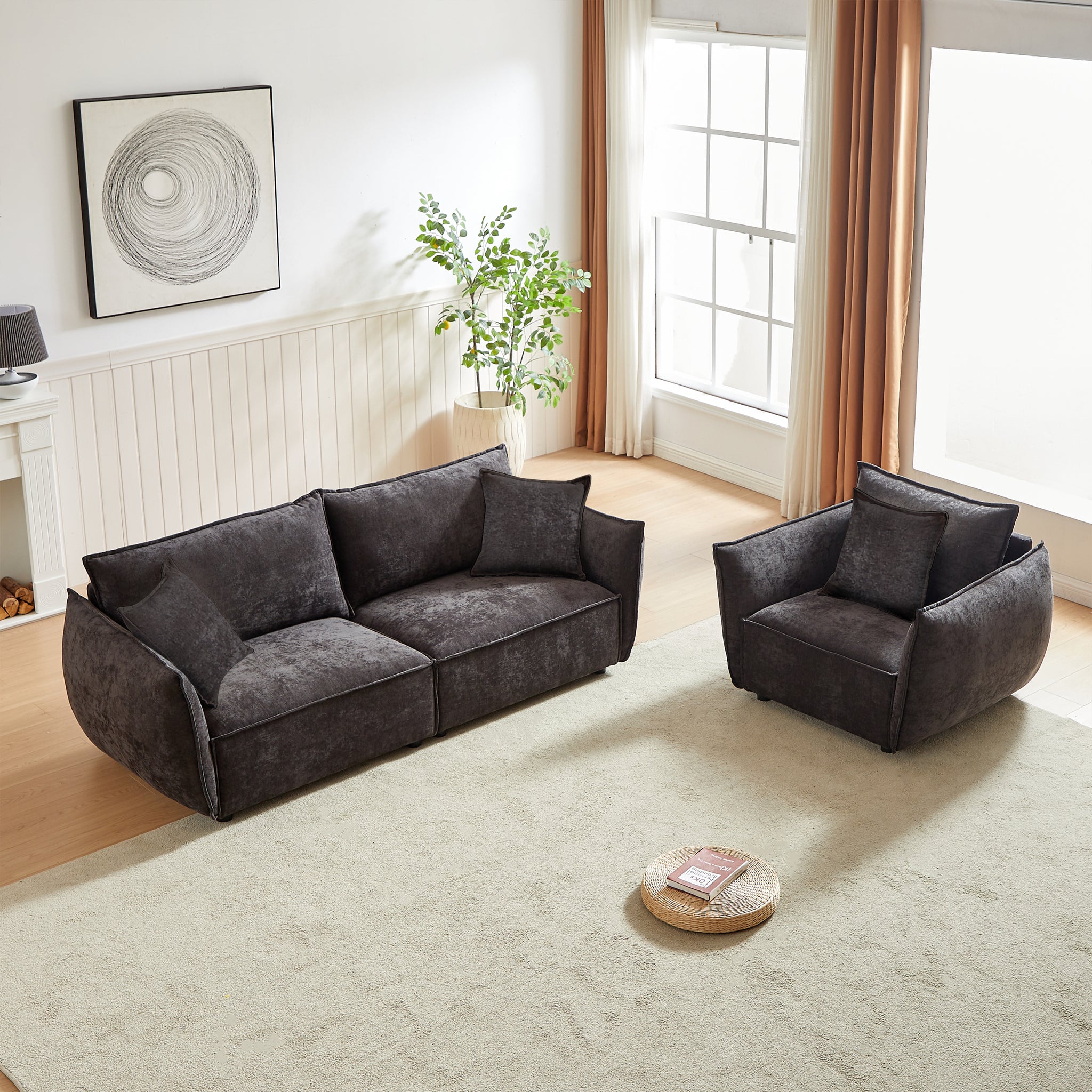 3 Seater 1 Seater Combo Sofa Modern Living Room Sofa, Linen Fabric Sofa, Wooden Frame With 3 Pillows, Apartment Sofa Furniture Black Chenille Wood Primary Living Space Pine Foam Fabric 4 Seat