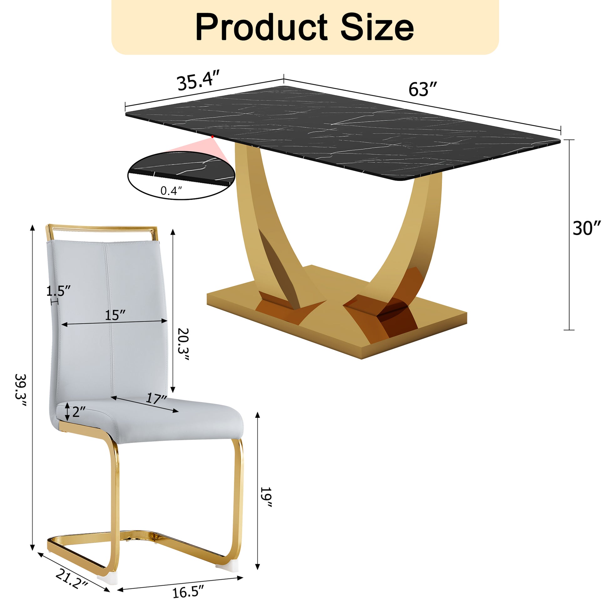 Table And Chair Set.Modern Rectangular Dining Table With Black Textured Stickers Glass Tabletop And Gold Plated Metal Legs.Paried With 4 Comfortable Chairs With Pu Seats And Golden Metal Legs. Gold,Light Gray Seats 4 Glass Metal