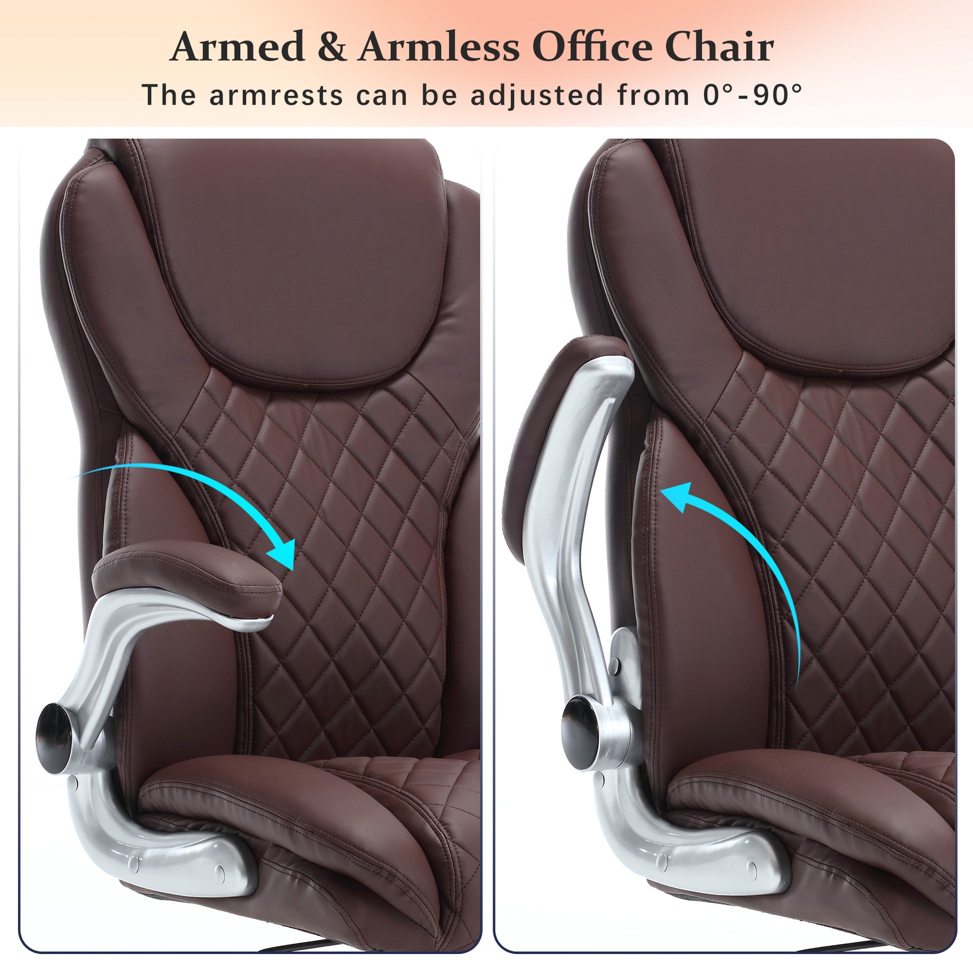 Ergonomic Office Chair With Flip Up Armrests And Wheels, Leather Rocking Executive Office Chair, Brown Brown Foam Pu Leather